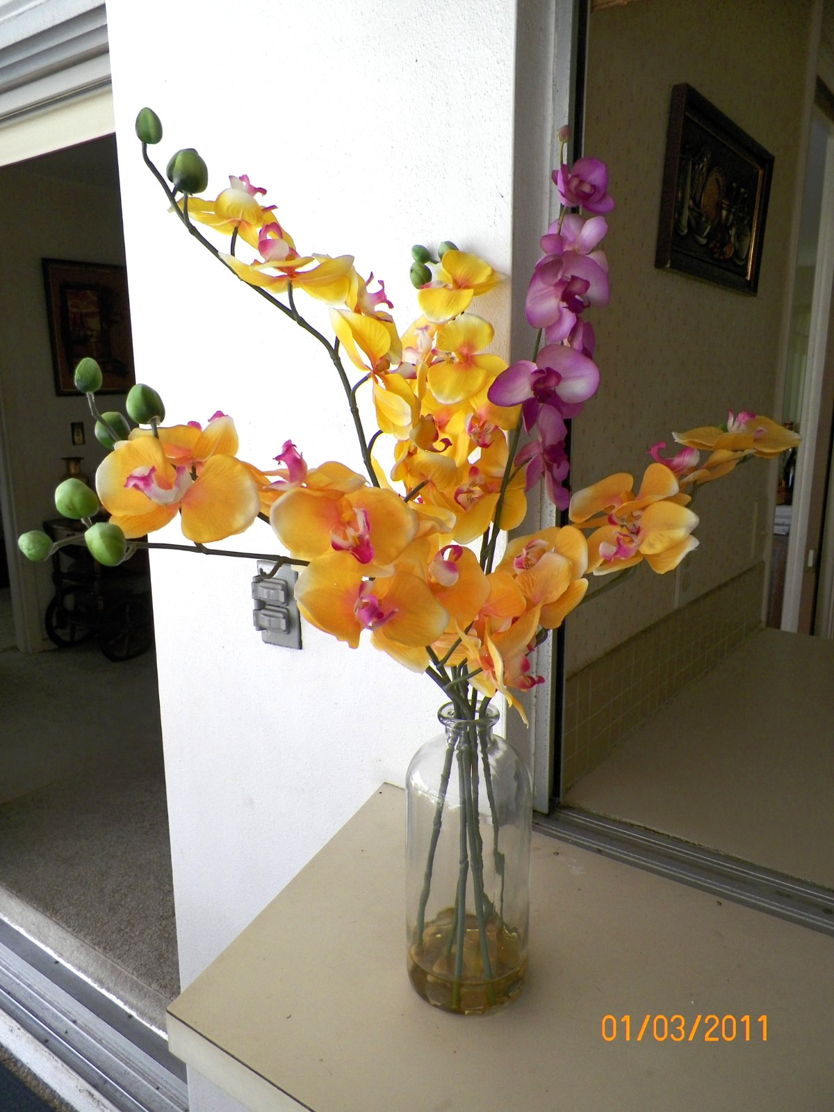 approx 27” VIBRANT FABRIC ORCHIDS IN GLASS VASE & FAUX H2O