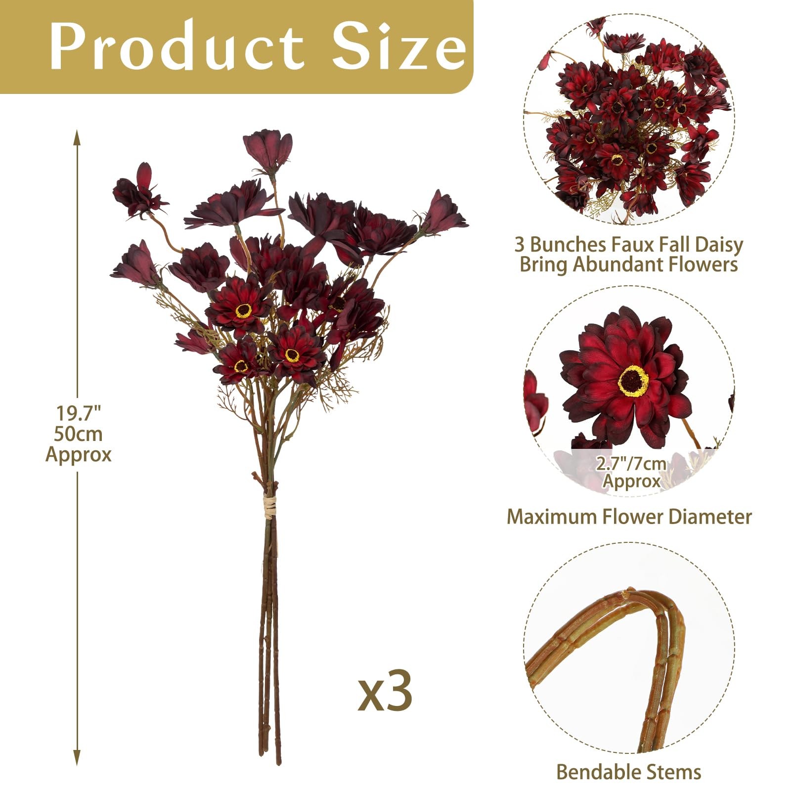 20 Artificial Burgundy Daisy Flowers for Fall Flower Arrangement, 3 Bundles F…