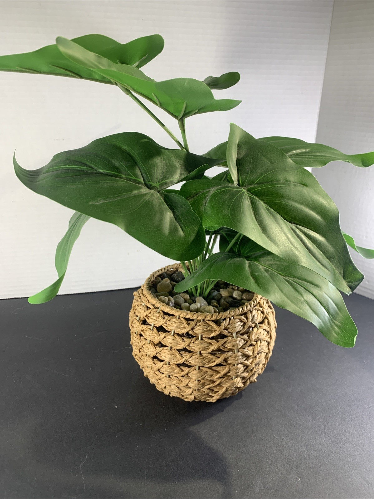 Faux Tropical Sweetheart Plant Seagrass Woven Planter Alocasia River Rock 12”