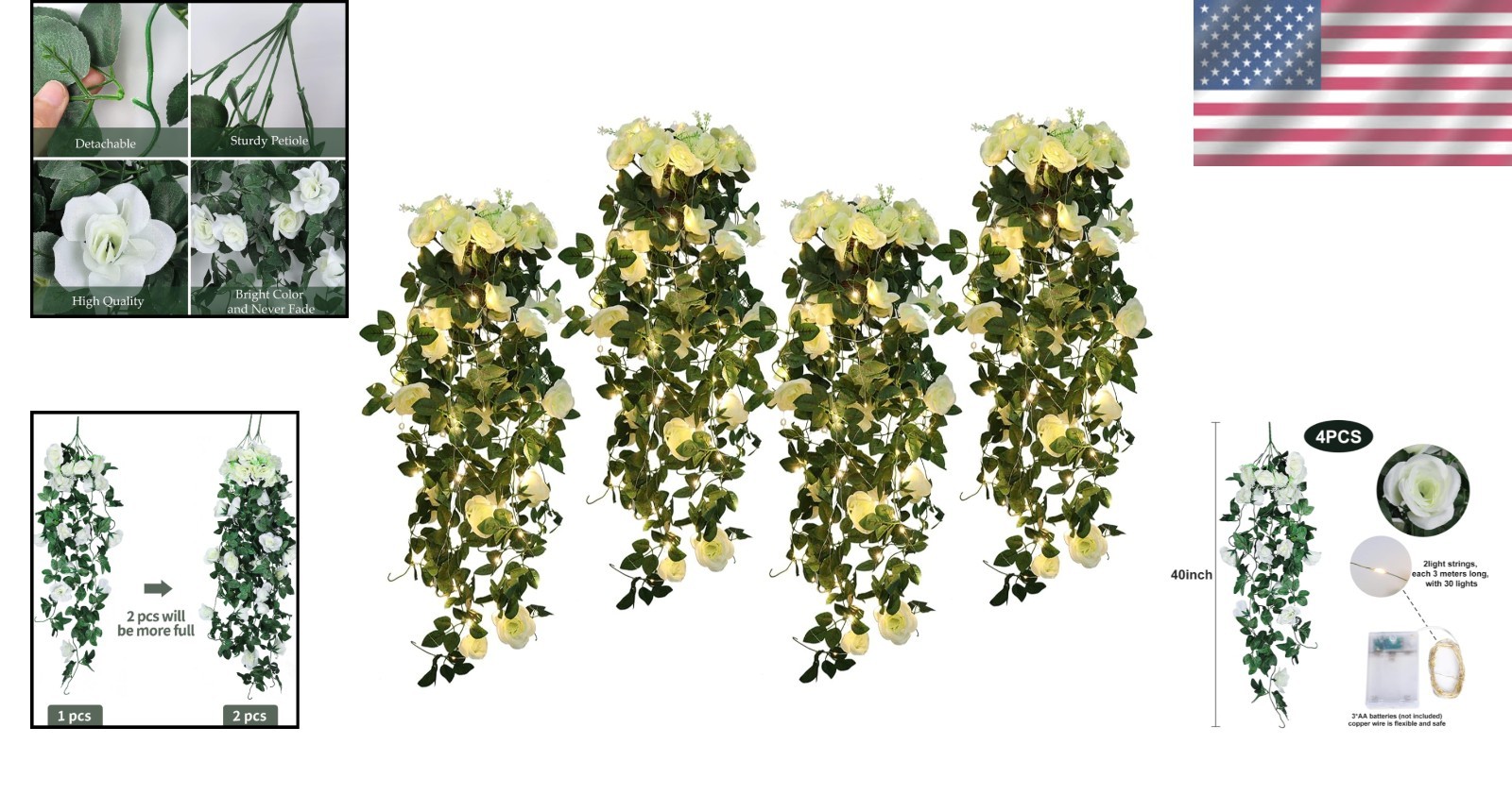 Vibrant White Artificial Rose Vines – 4pcs with 30 LED Lights for Celebrations