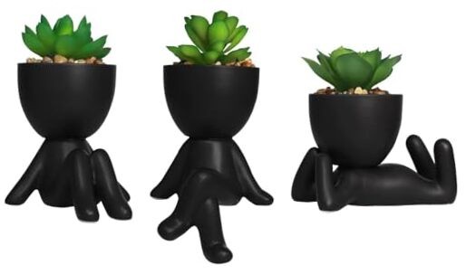 3 PCS Cute Artificial Succulent Plants with Creative Human Shaped Pots, Black