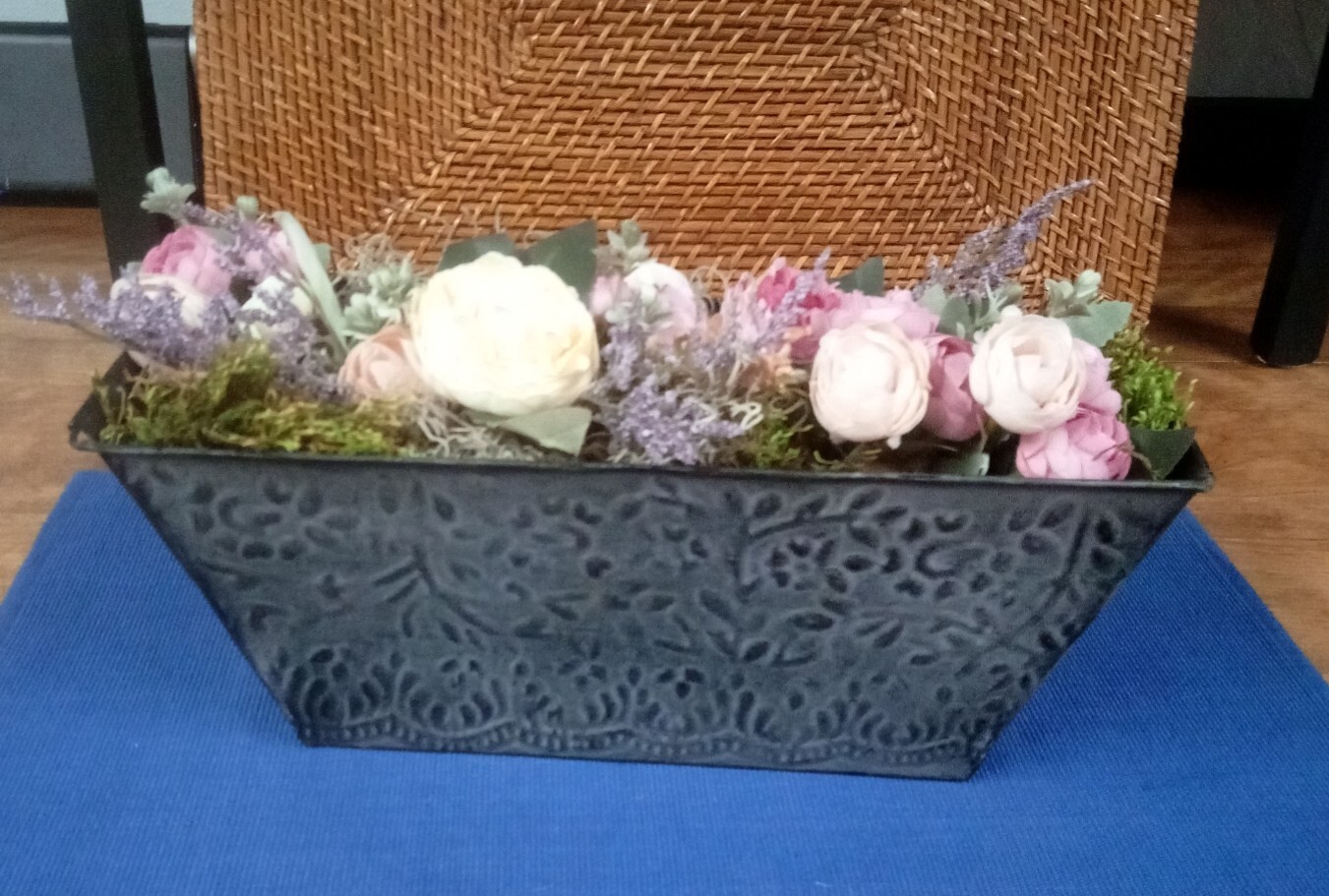 Silk Floral Arrangement Centerpiece In Metal Tin Embossed Container 13 x 5 x 5