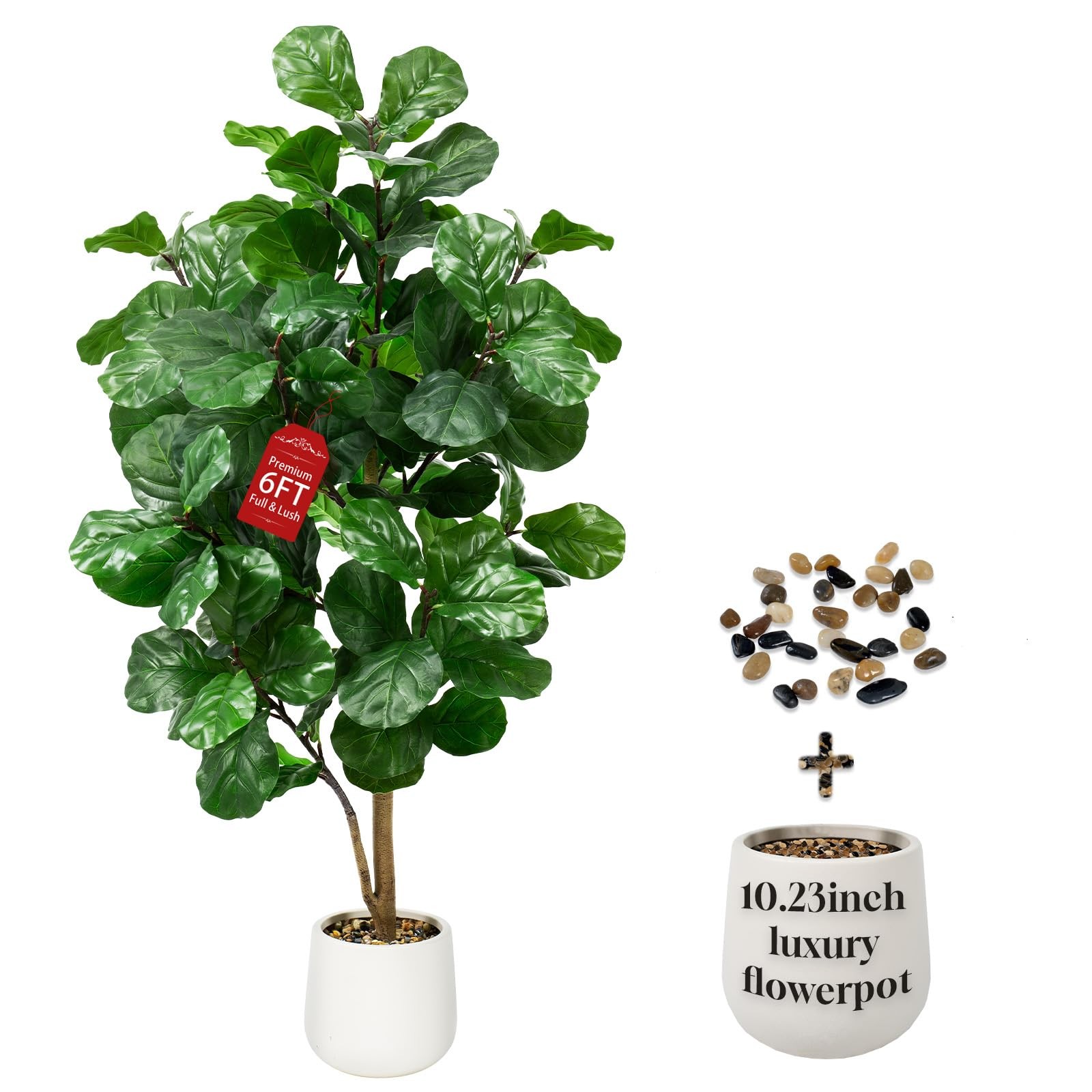 Faux Fiddle Leaf Fig Tree 6ft Tall Indoor Fake Tree in White Pot with 106 Lea…