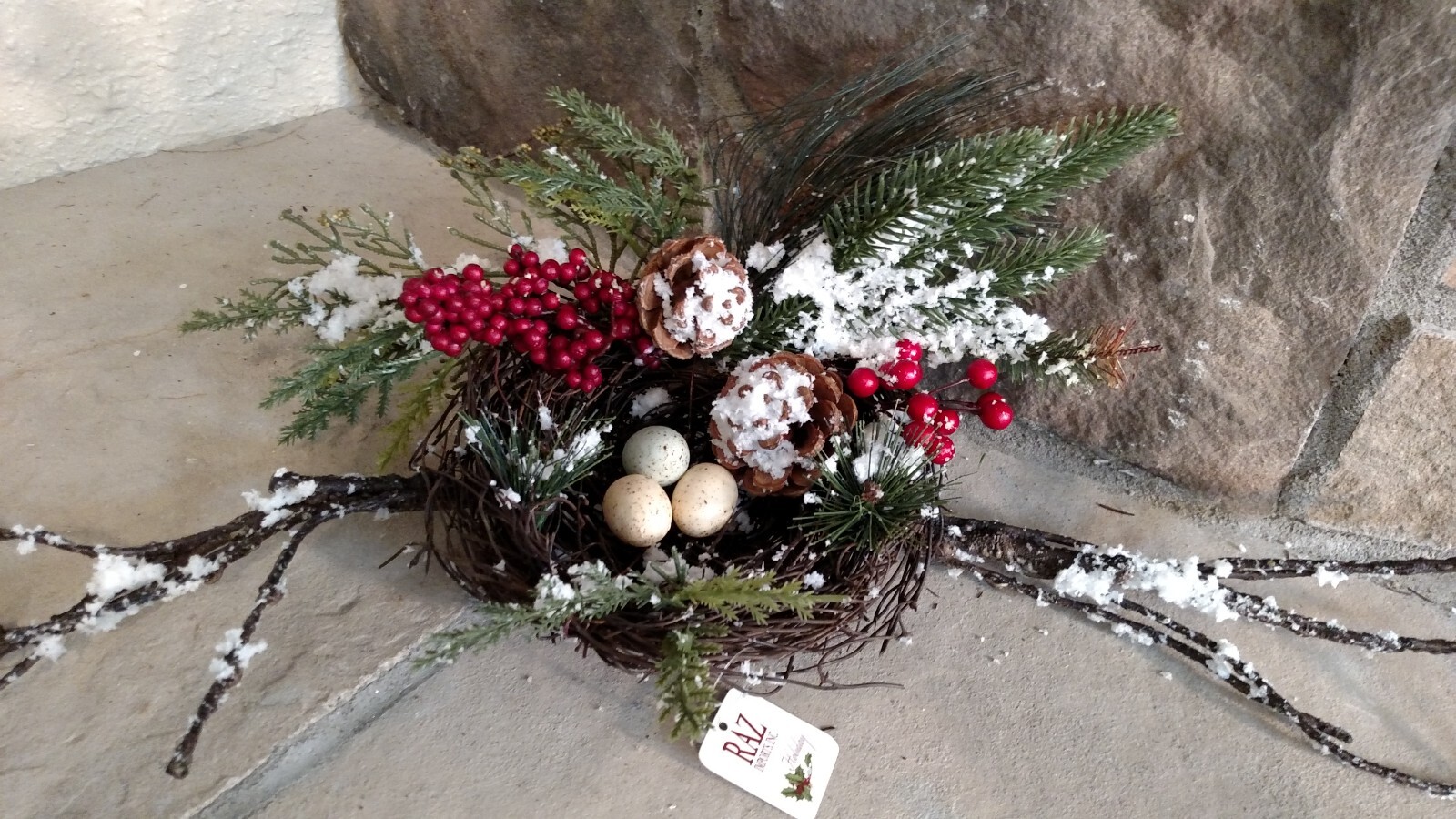 NWT RAZ 21″ Bendable Bird NEST Snowy BRANCH Twig Berries Christmas table Decor