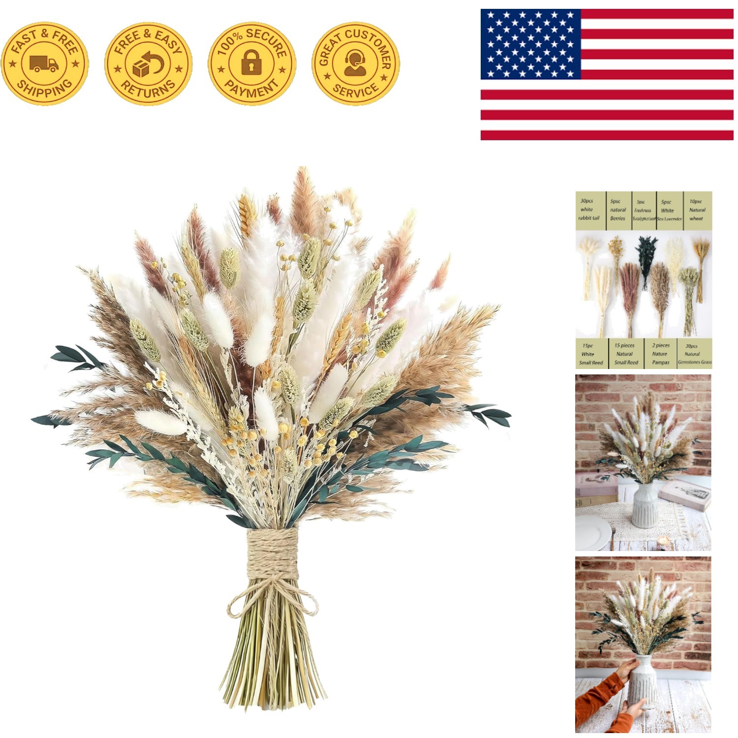126pcs Dried Pampas Grass Bouquet – Boho Floral Decoration for Weddings & Homes