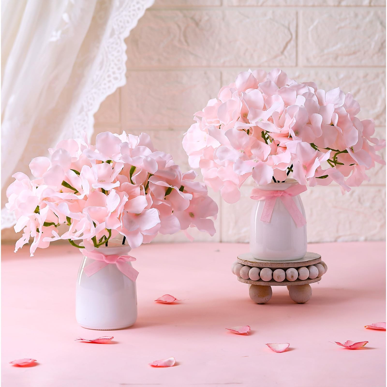 2 Set Artificial Hydrangea Flowers with Glass Vase Faux Silk Hydrangeas Flowe…