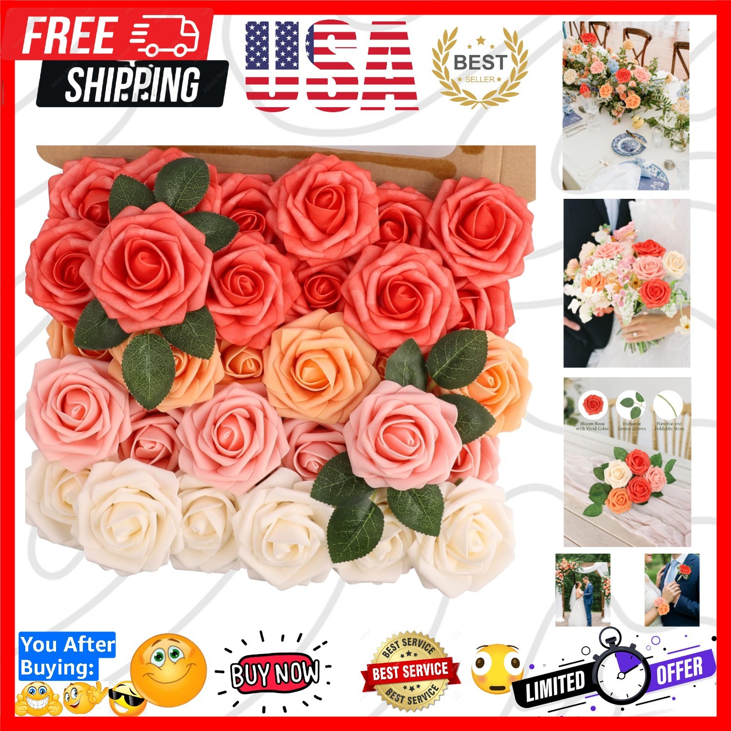 30PCS Artificial Rose Flowers Real Touch Fake Flowers with Stem Foam Roses fo…