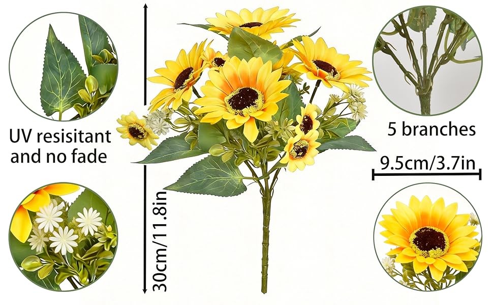 2 Pack 12’’Artificial Sunflower Bouquets – Faux Sunflower Stems with 5 Large