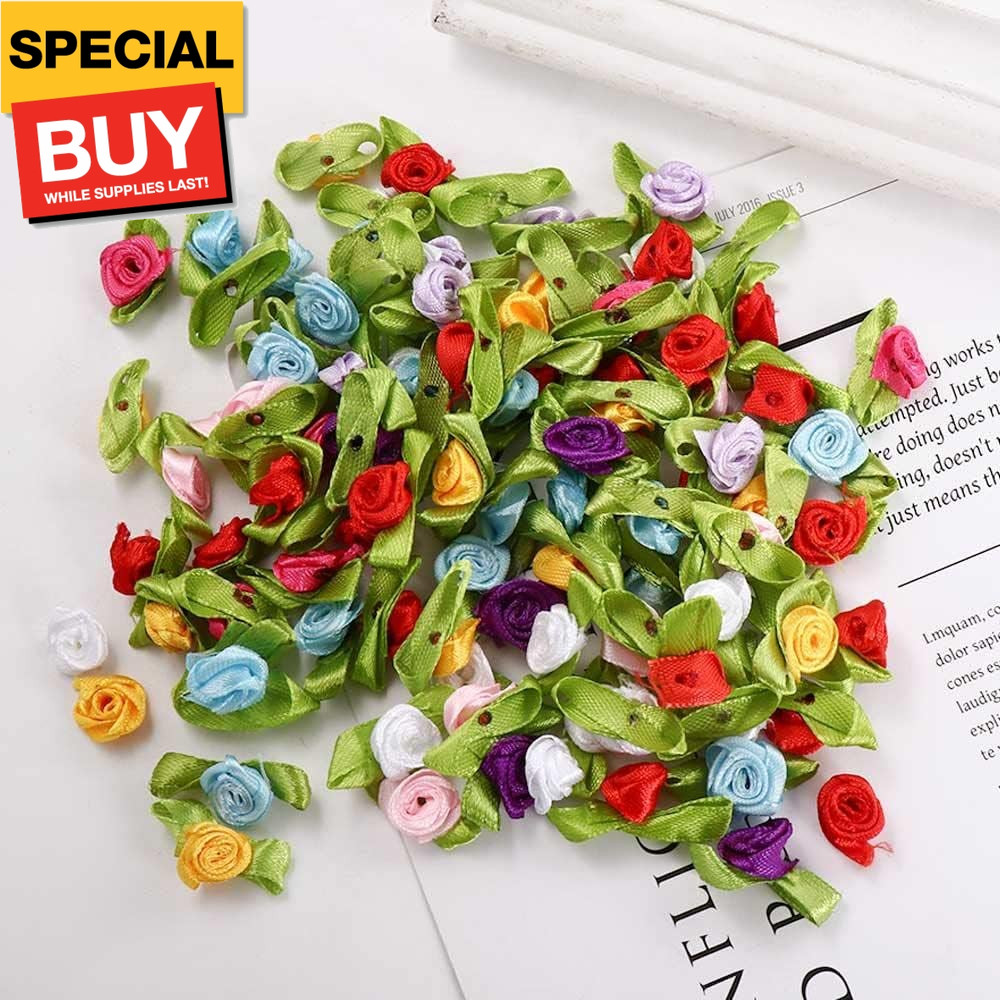 100PCS Mini Ribbon Roses for Crafts Artificial Fabric Flowers with Green Leaves