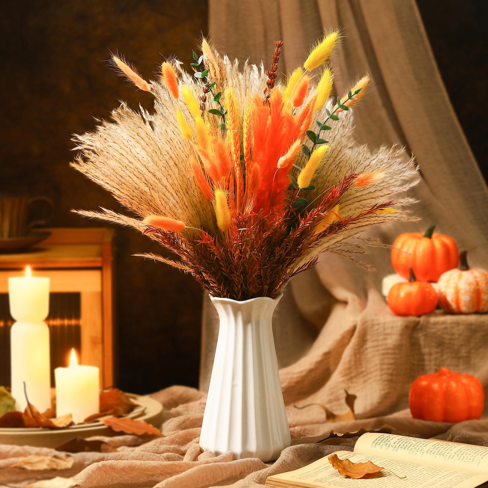 200 Pcs Fall Mix Dried Flower Decor Pampas Bouquet Autumn Orange Table Center…