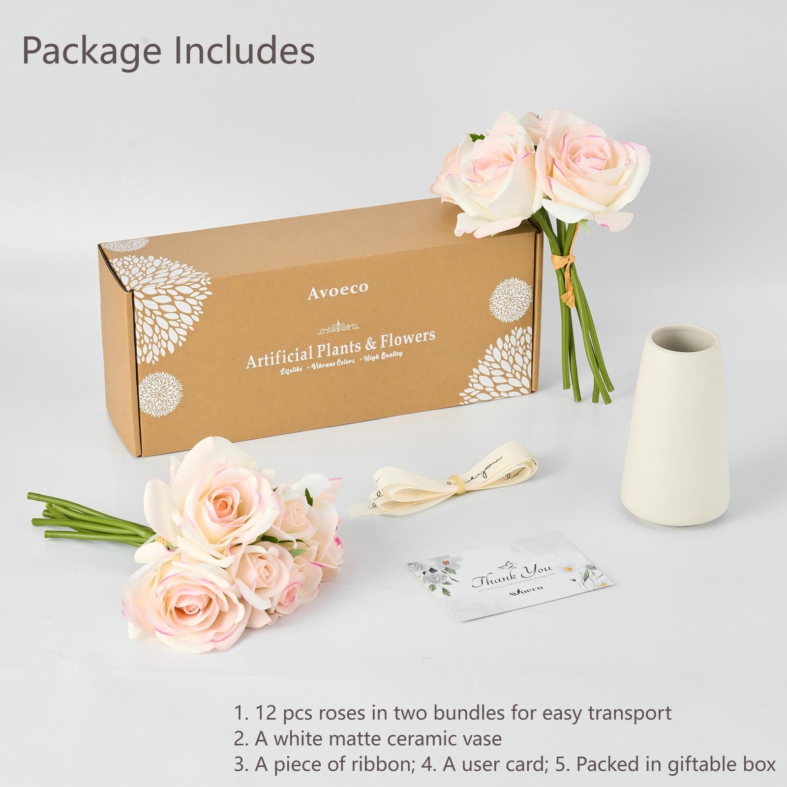 12-Piece Faux Real Touch Rose Bouquet with Ceramic Vase, Fake Flowers in Vase…