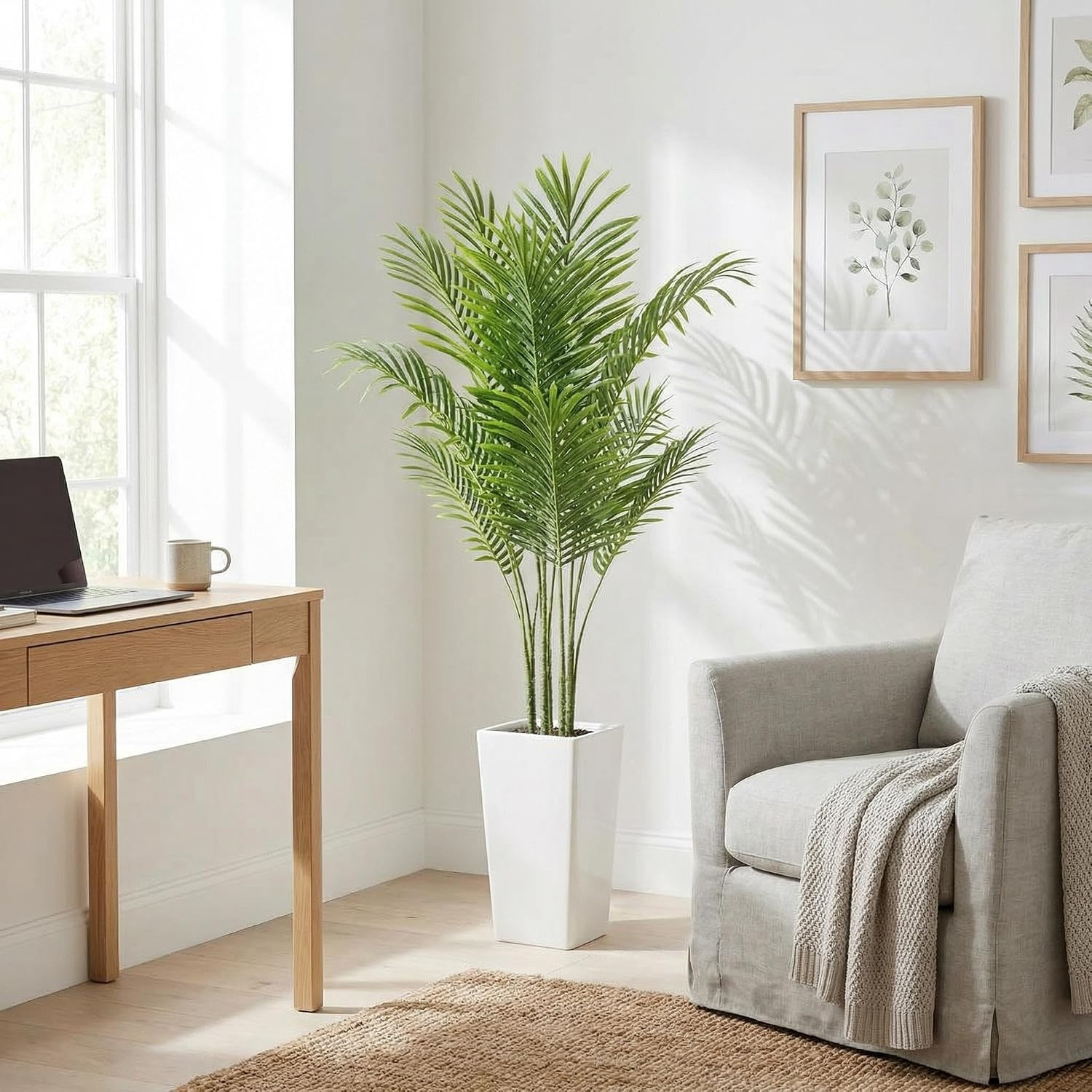 4.8FT Artificial Palm Tree with White Planter – Lifelike Indoor Tropical Decor