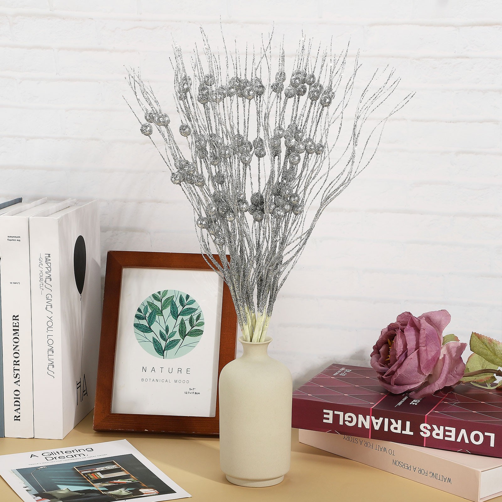 40cm Pink Glittered Berry Stem Festive Display
