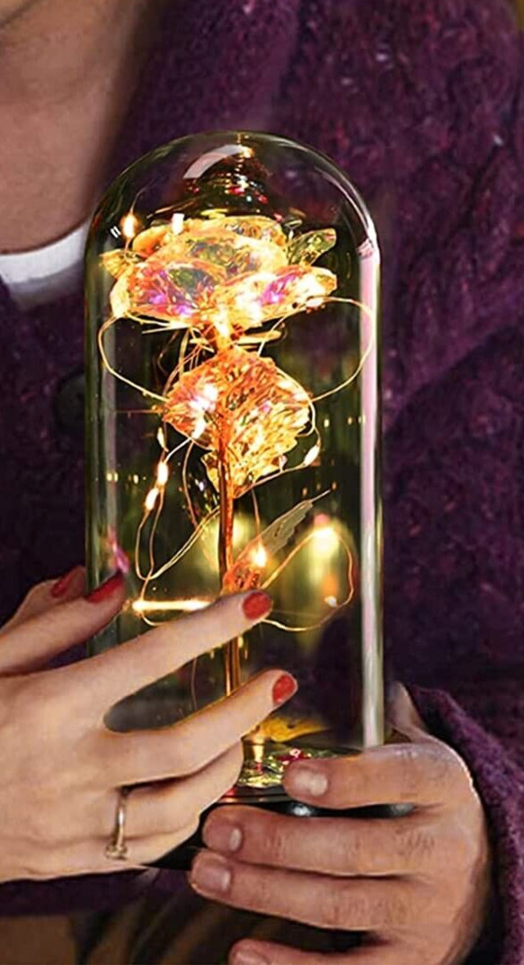 Colorful Artificial Flower Rose w/LED Lamp in Glass Dome Great Gift Idea! NEW