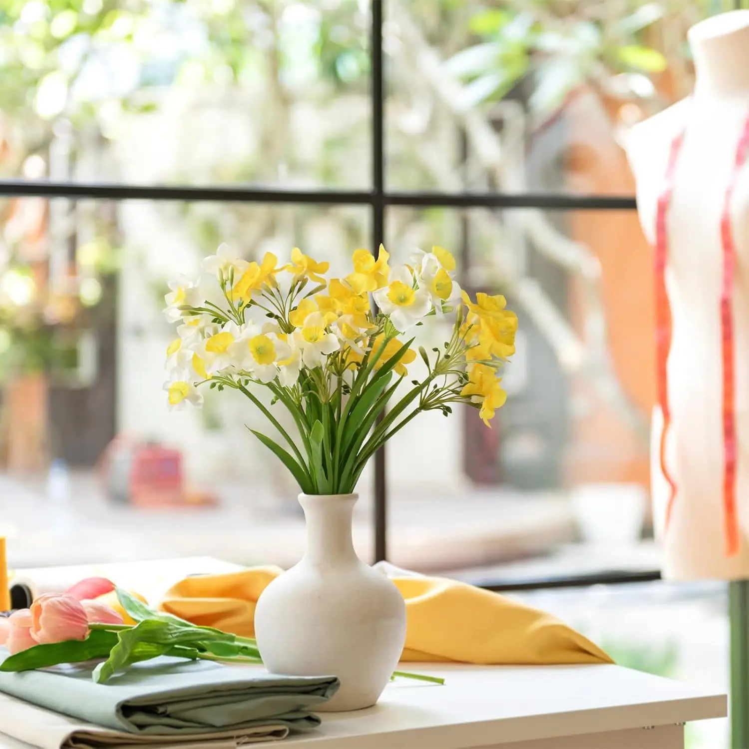 2 Bundles 30 Heads Artificial Daffodils Spring Flowers Soft Plastic Fake Flower