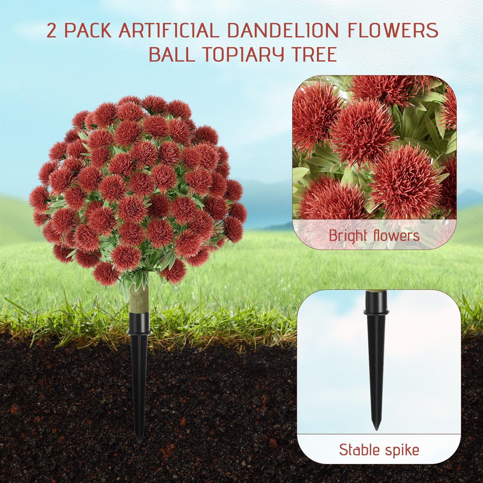 24″ Artificial Dandelion Flowers Topiary Tree Set of 2, Realistic Fake Plants…