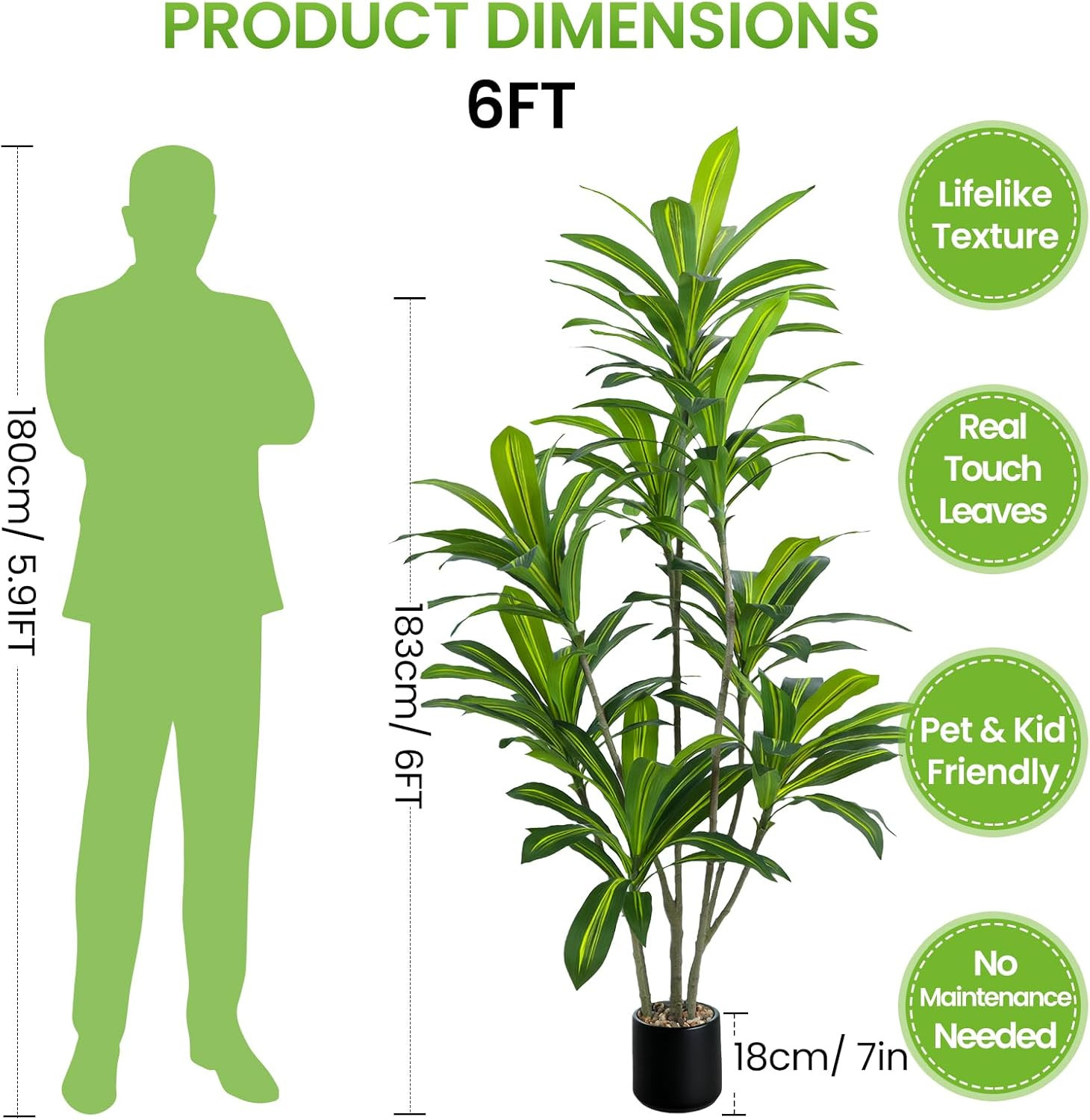 6FT Artificial Dracaena Tree with Realistic Leaves & Black Planter for Home Deco