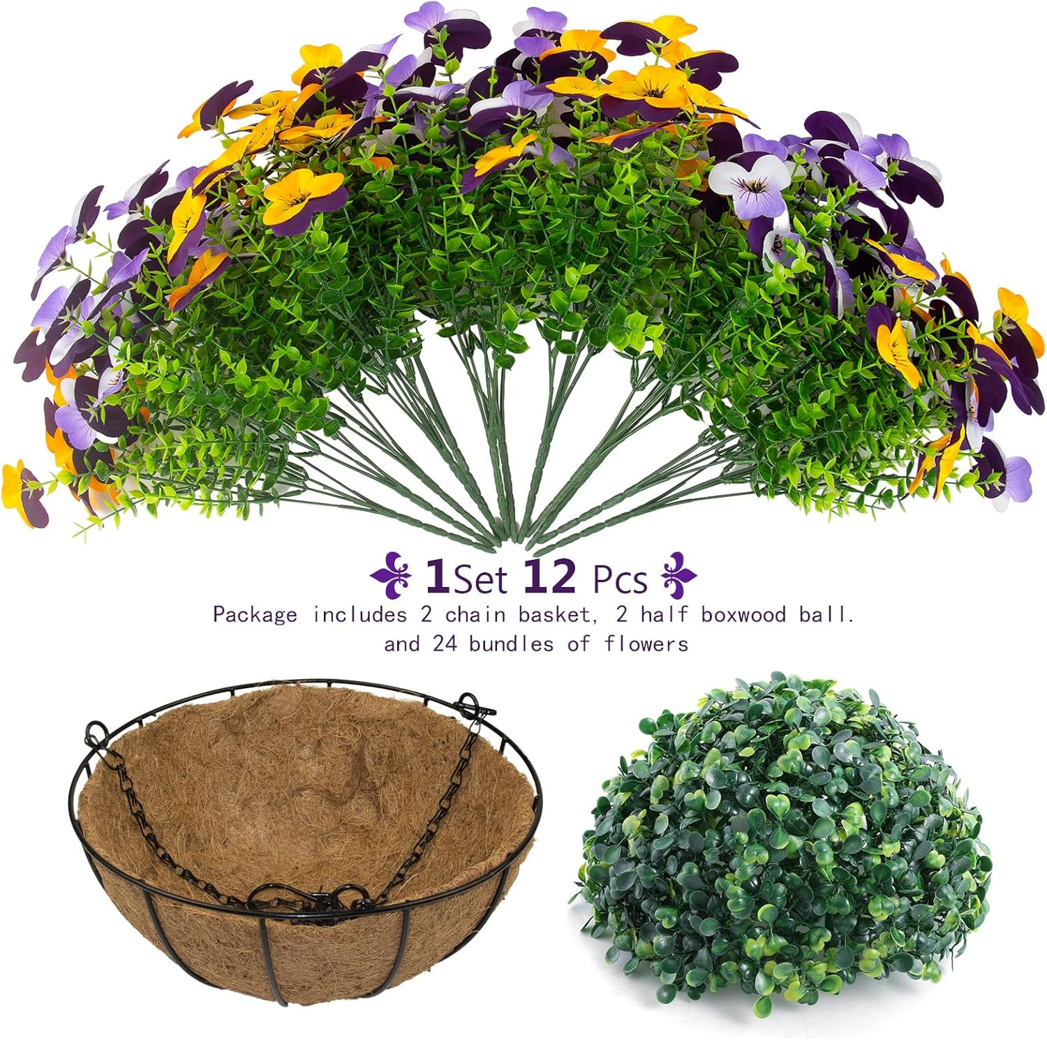 2 Set Artificial Outdoor Pansy Flowers with Hanging Baskets, 2 Hanging Baskets w
