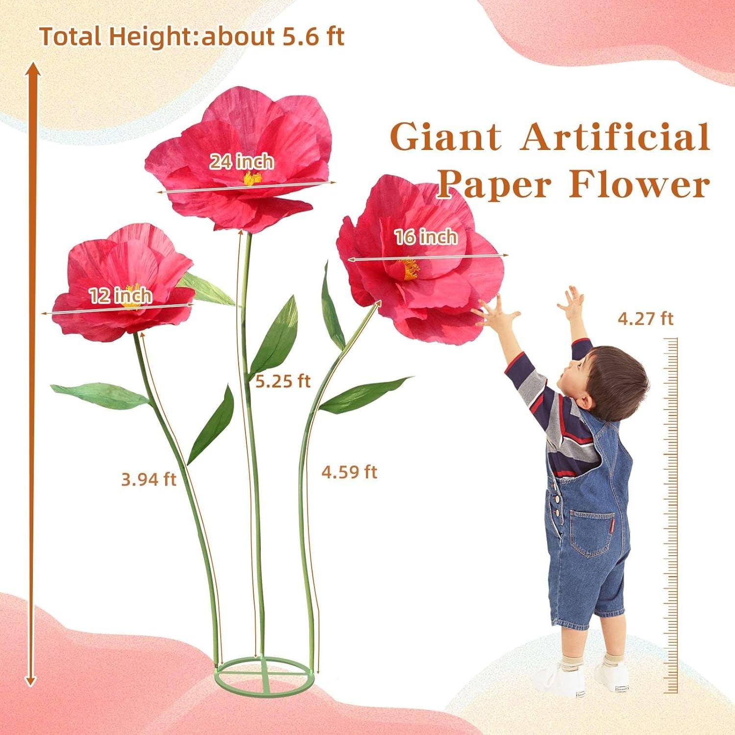 5.9 Ft Large Paper Artificial Flowers Giant Standing Poppy Wedding Decor Red
