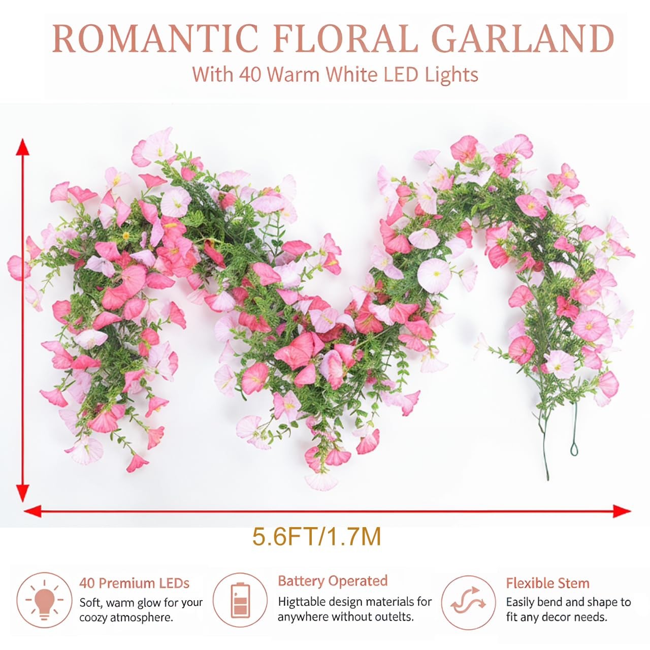 40 LED Artificial Morning Glory Flower Garland with Lights Battery Powered 6 …