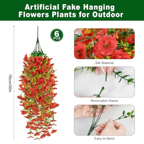 6 PCS Artificial Hanging Pansy Flowers, Silk Flowers for Outside, UV Red