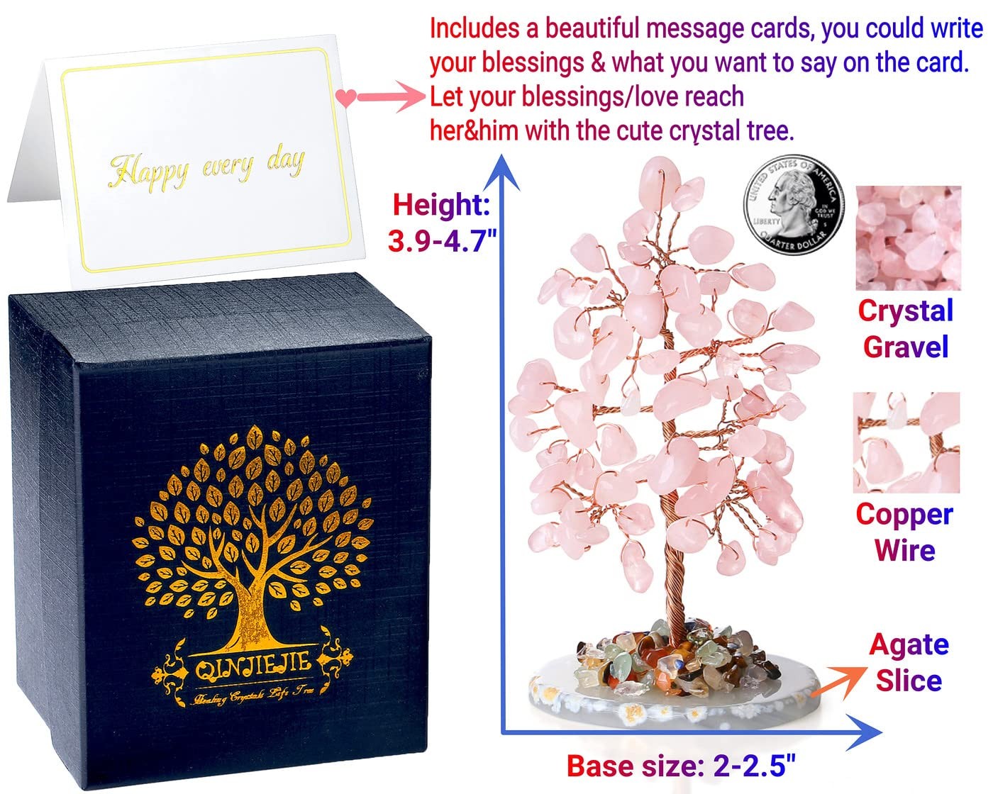 Rose Quartz Crystal Tree Natural Healing Crystals Tree Copper Wire Life Agate…