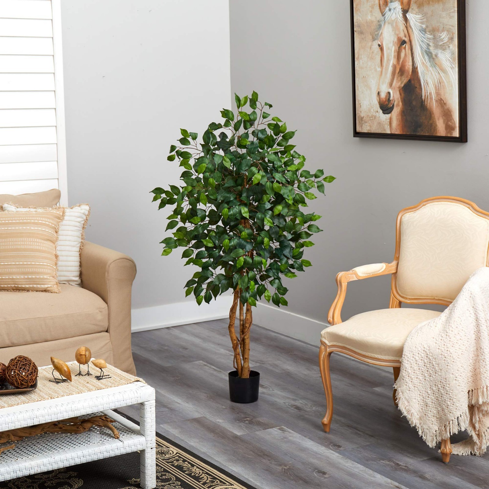 4ft Artificial Triple Trunk Ficus Tree – Silk Plant with Natural Wood Trunks, De