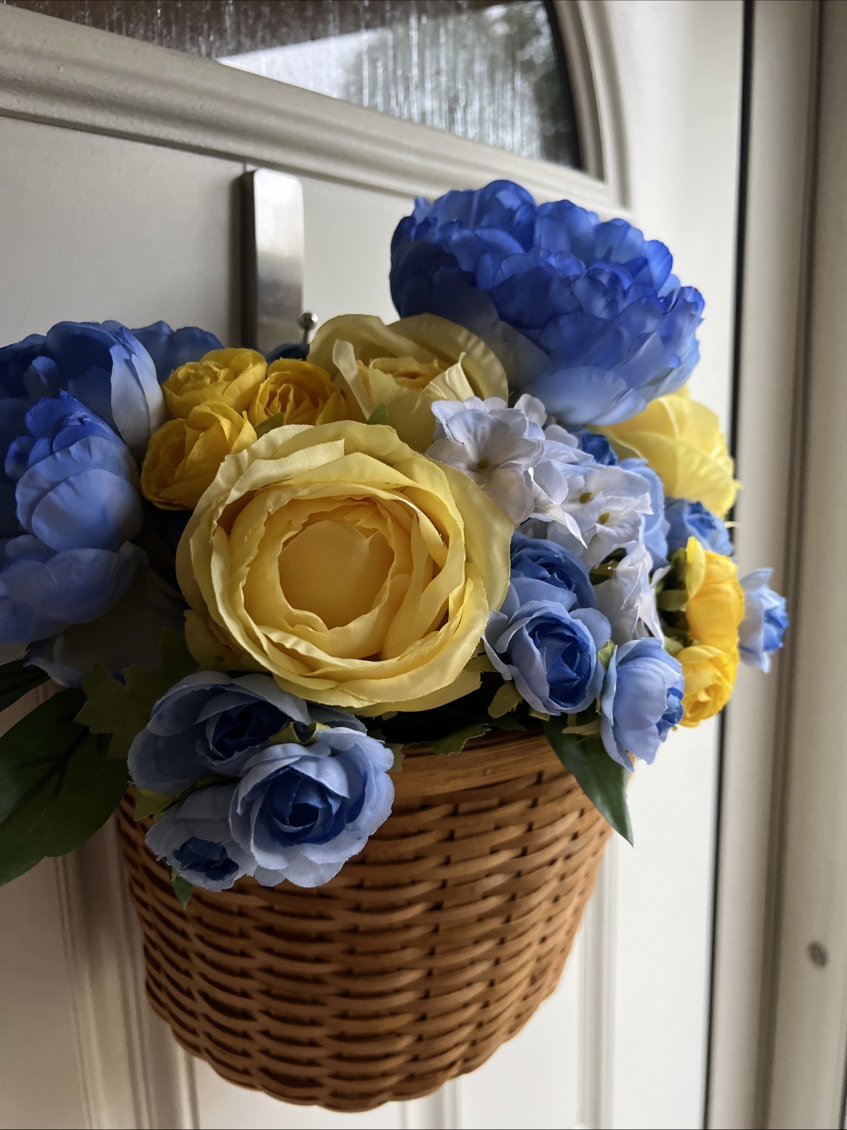 Wall Hanging Basket Floral Arrangement Yellow Roses & Bright Blue Flowers