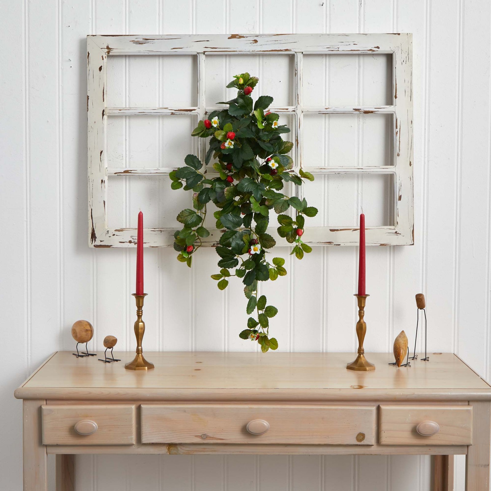 Nearly Natural 31″ Strawberry Hanging Bush with Berry (Set of 2) in Green