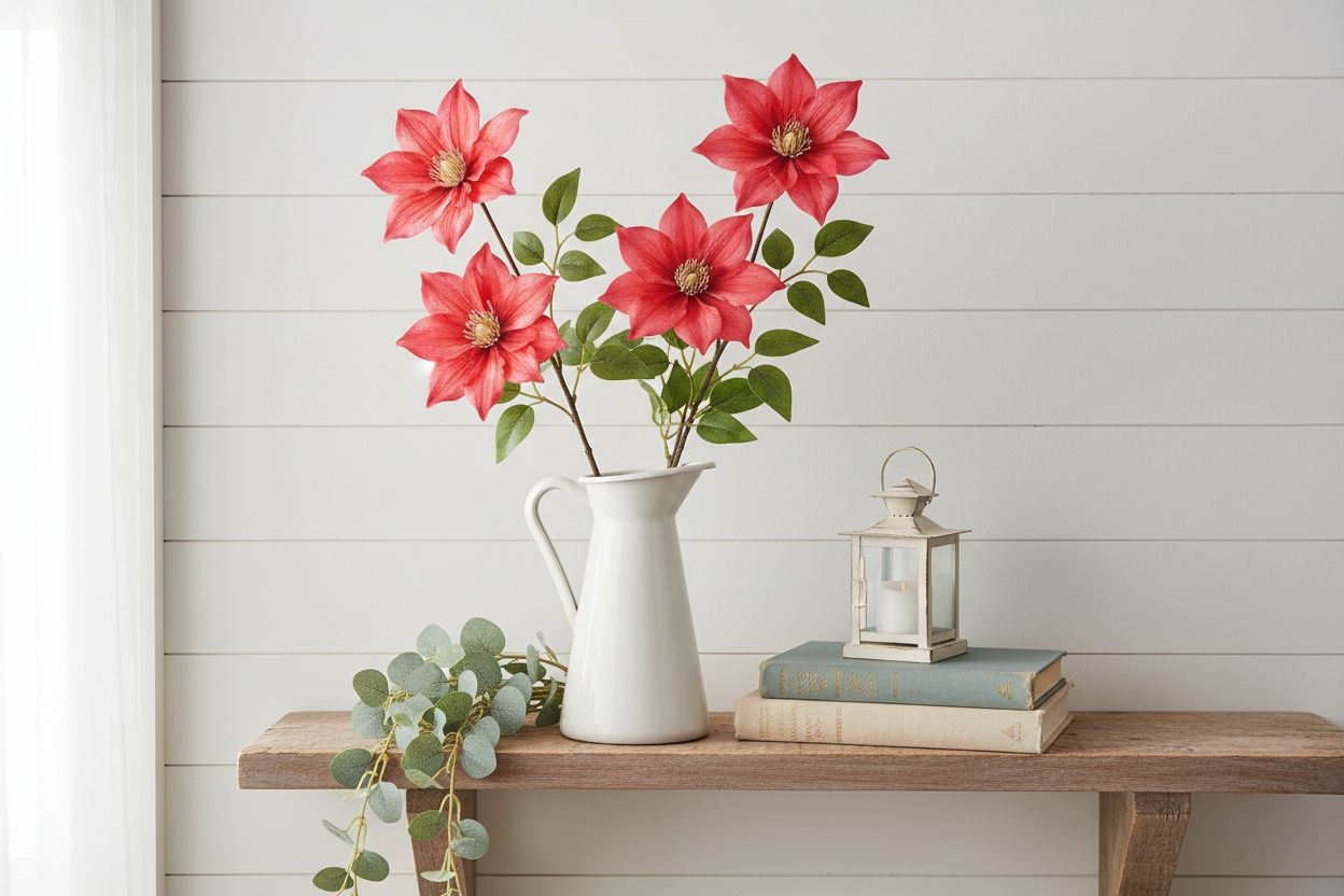 Coral Red Clematis Stem Faux Flower Spray 28 Inch Floral Stem Artificial Bloom P