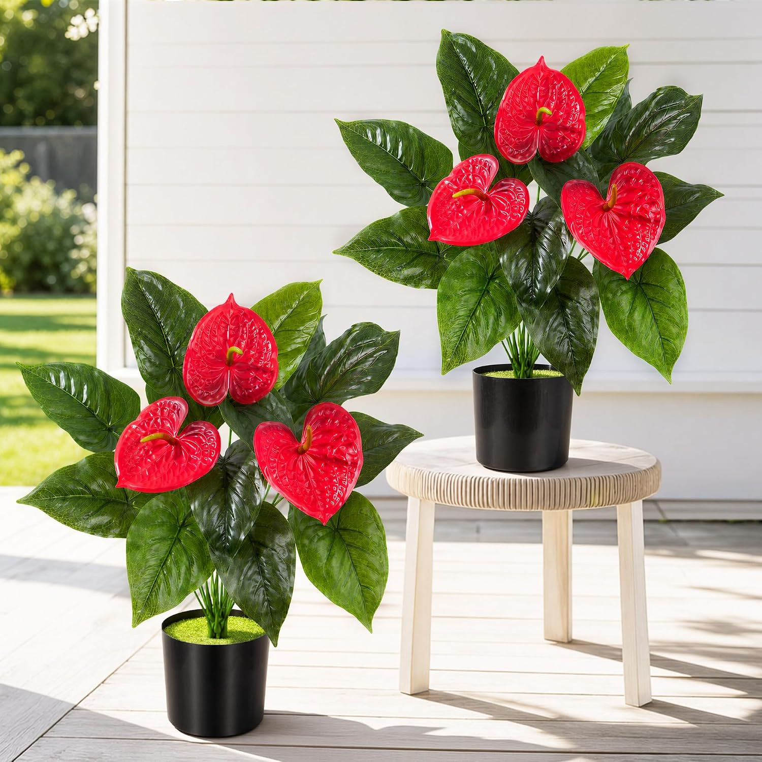2 Pack Anthurium Artificial Flowers Plants with Pots for Indoor Outdoor Decorati