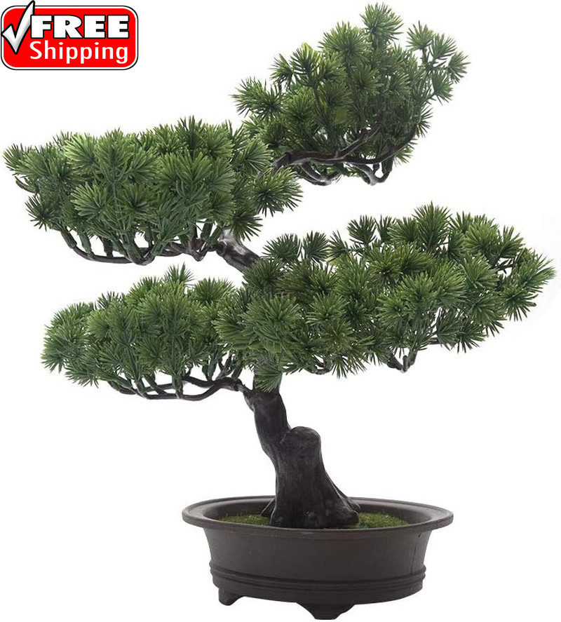 Artificial Bonsai Pine Tree, 11Inch Faux Potted Plant Desk Display Fake Tree Pot