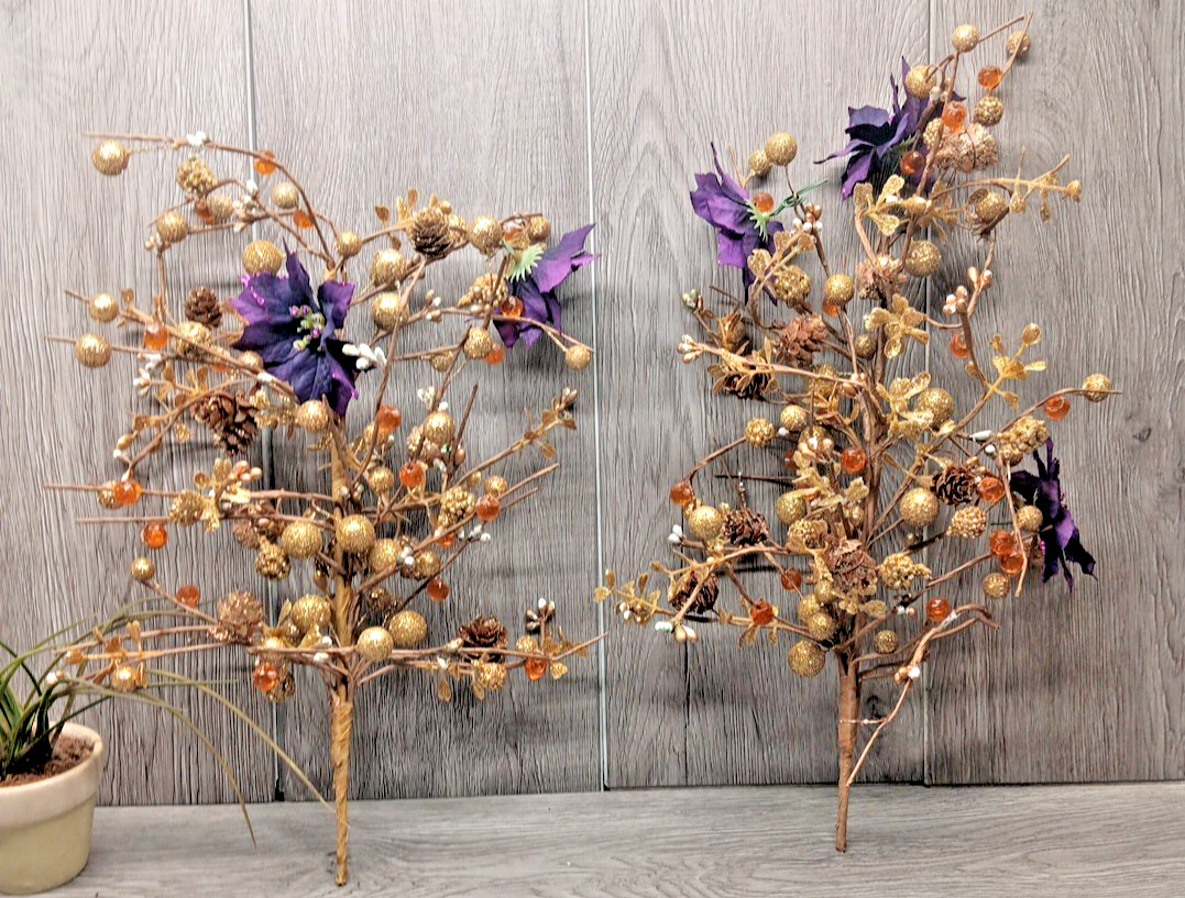 Gold Glitter, Pine Cones, Berries, Beads, Wired 15″ Spray – Holiday-Craft 2Pc