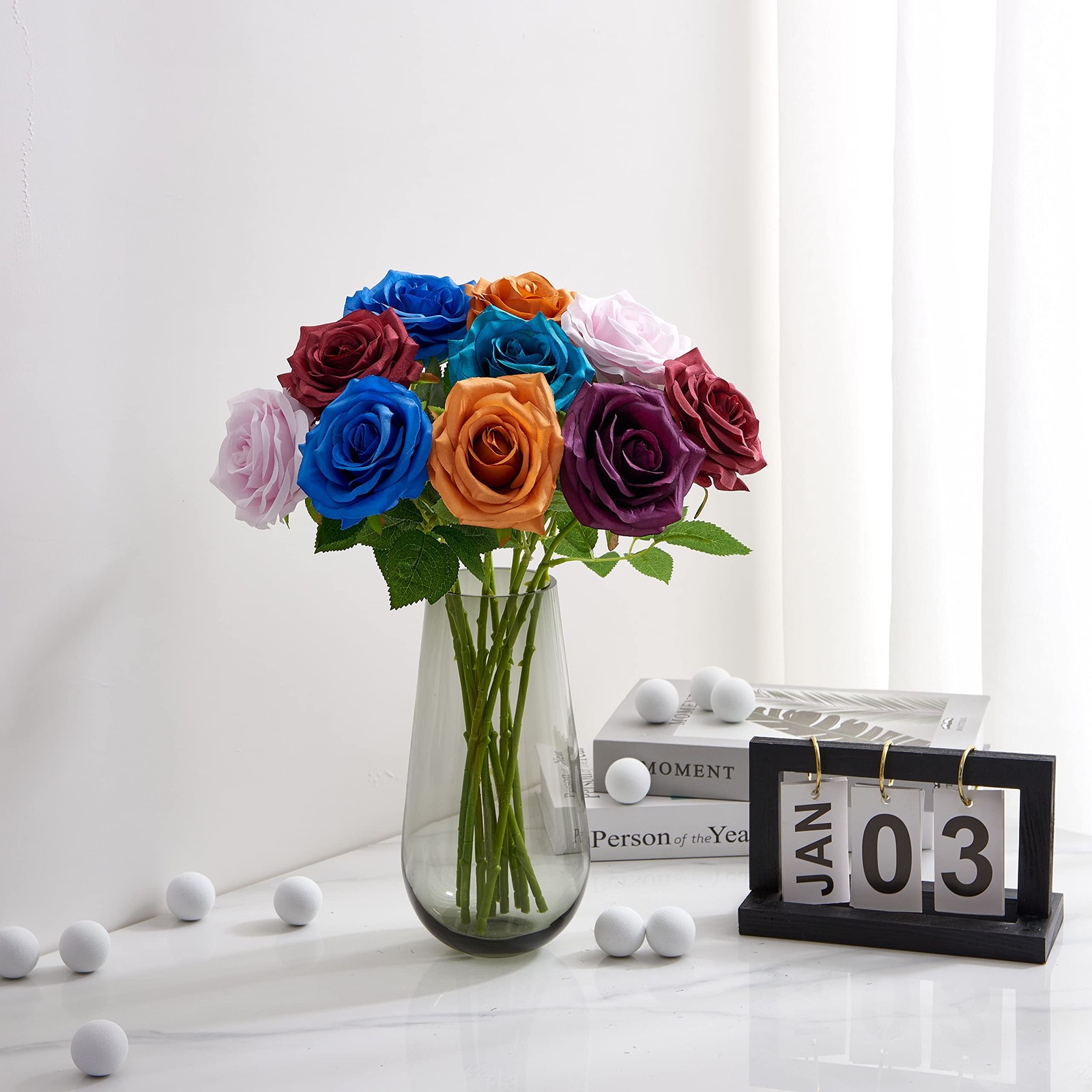 Teal Artificial Rose 10pcs Open Flower Bouquet Faux Rose Stems Turquoise Blue