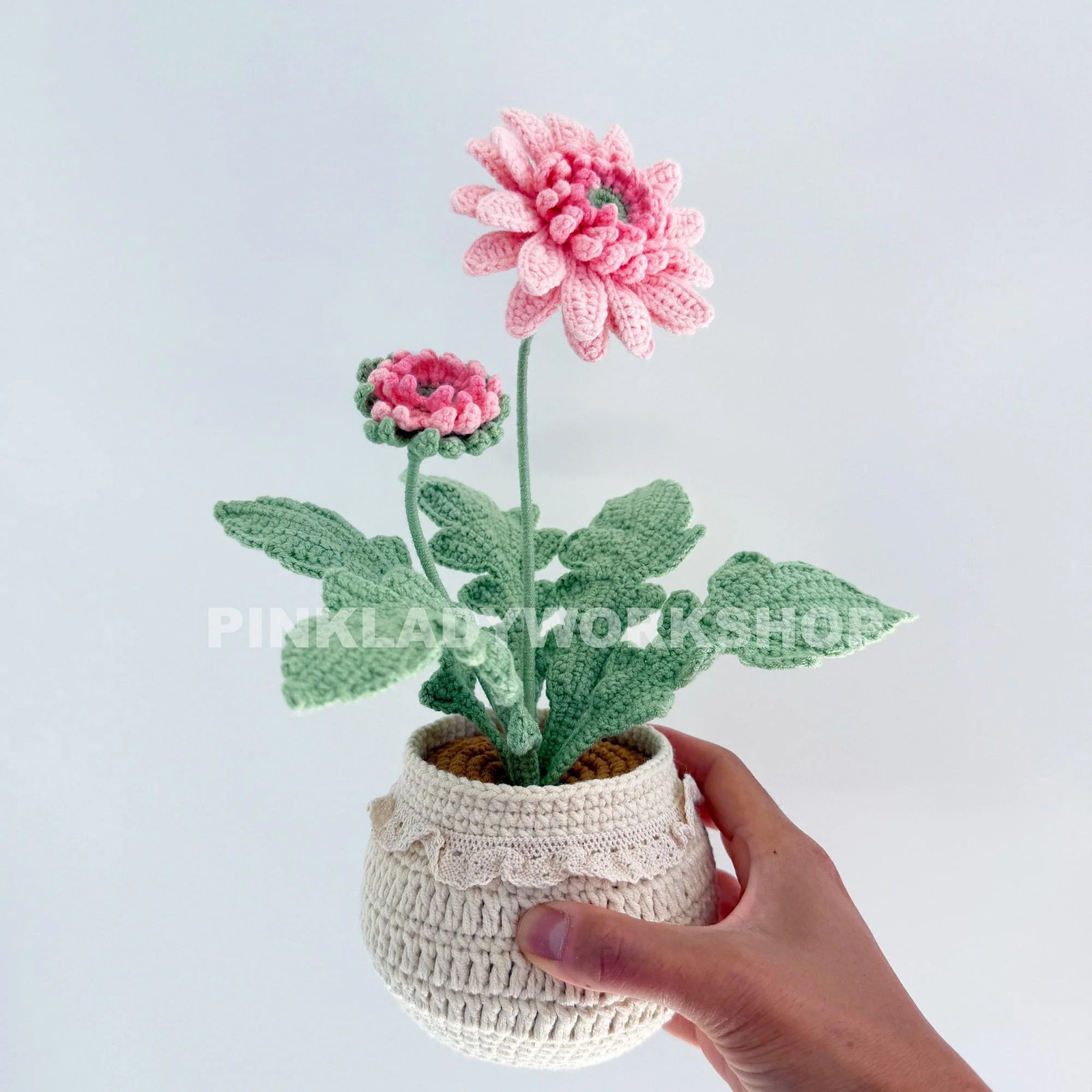 Handmade Crochet Daisy Pot: Gerbera Flower Arrangement