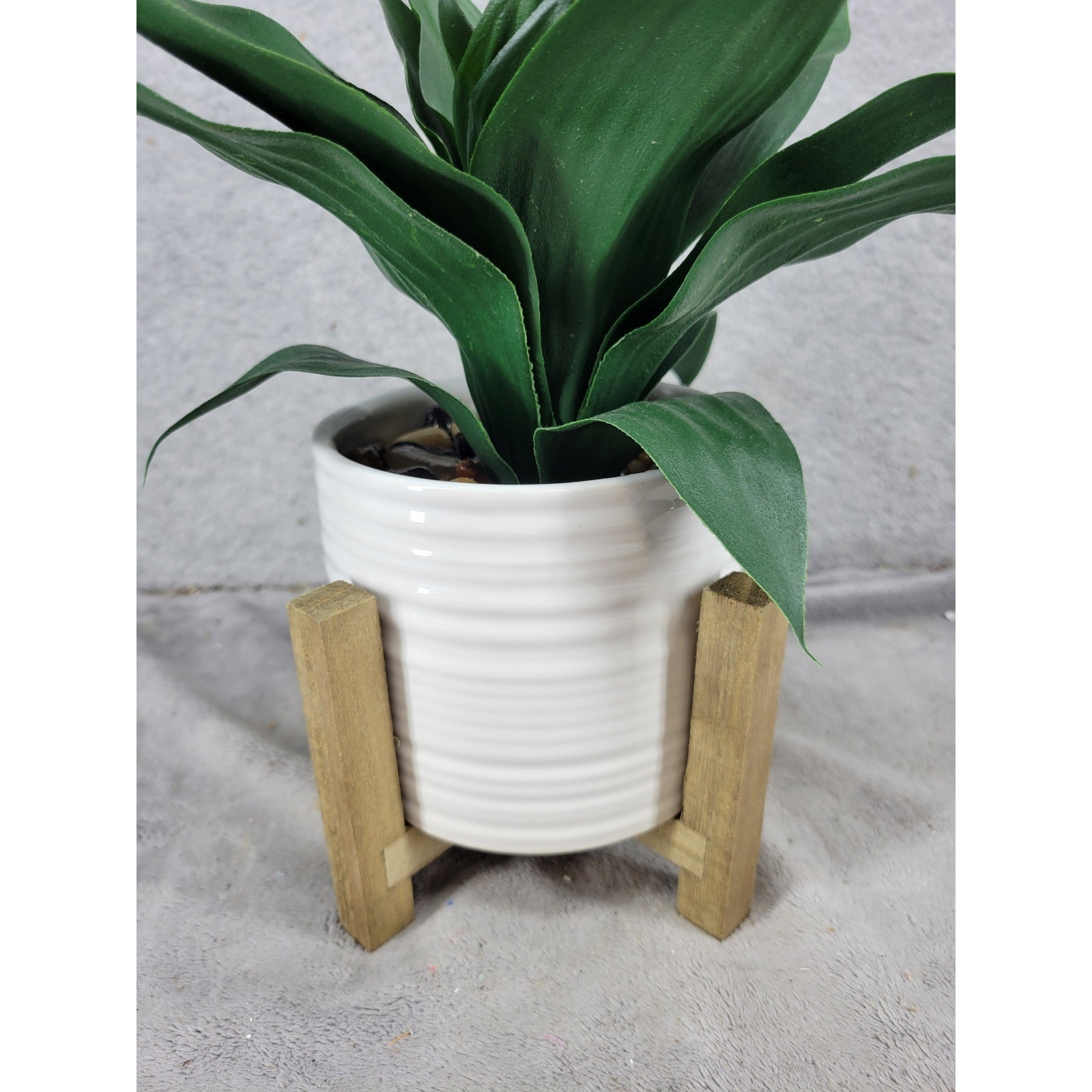 Artificial Snake Plant in White Ceramic Pot with Wood Stand Faux Green Leaves