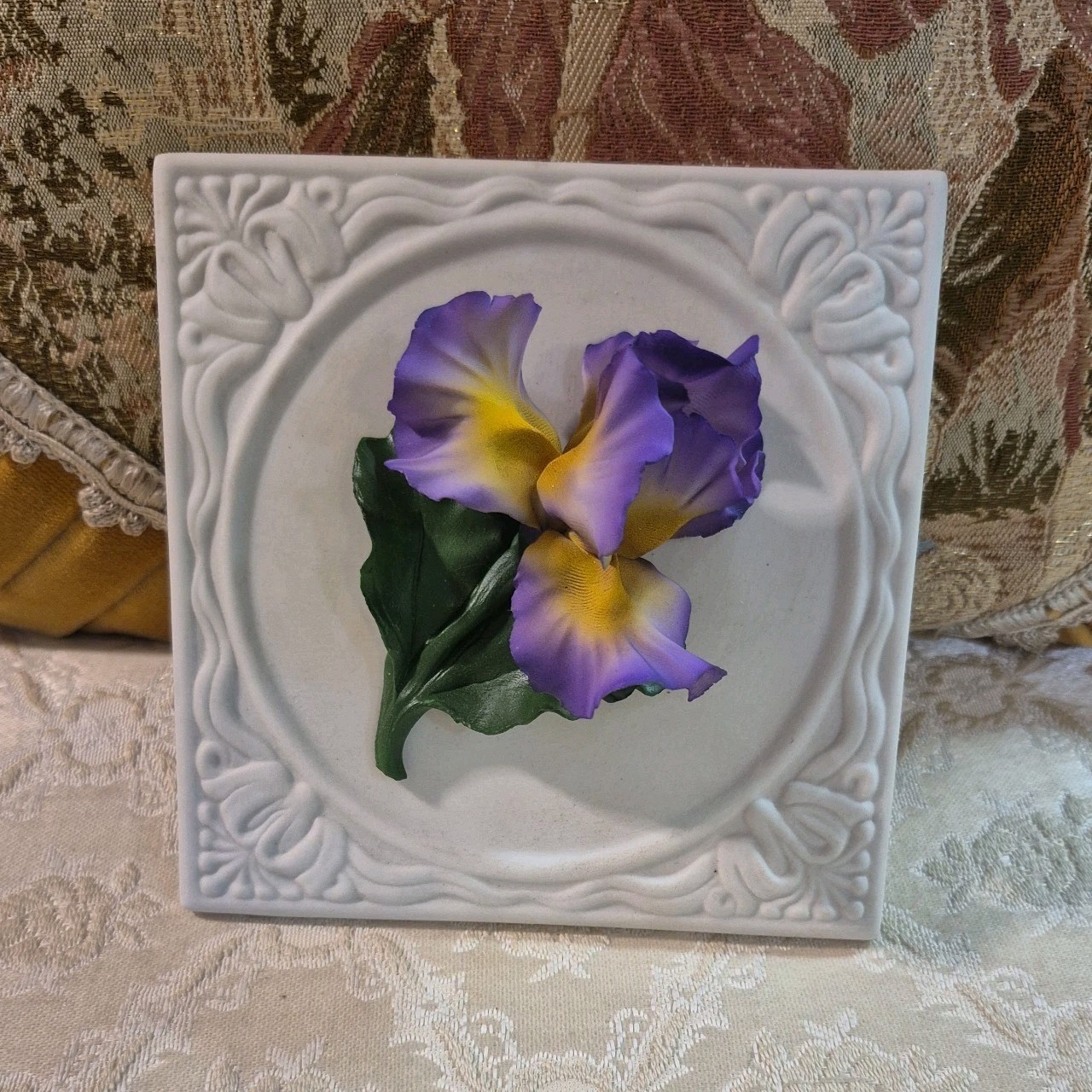 Vintage Blue Yellow Iris Fabar Capodimonte Porcelain Italy Flower Sculpture