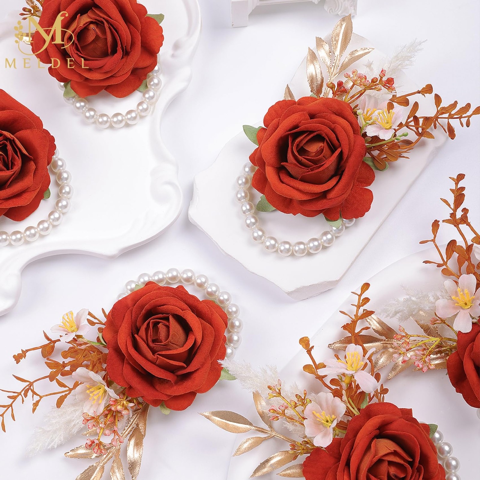 6 PCS Orange Velvet Rose Wrist Corsage Wedding Bridal Flower Prom Party