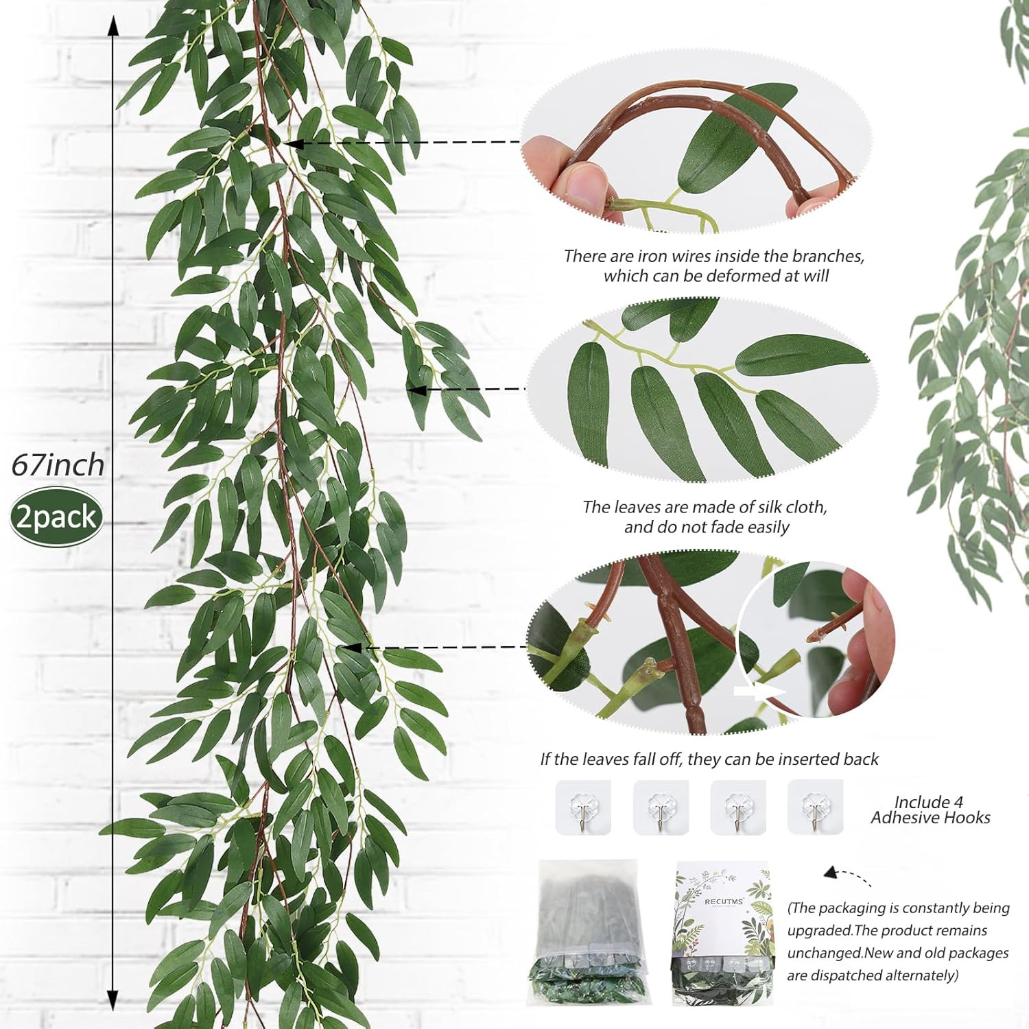 Artificial Willow Leaves Vine Twigs 2Pcs 5.7Ft Fake Hanging Ivy Plants Silk Gree