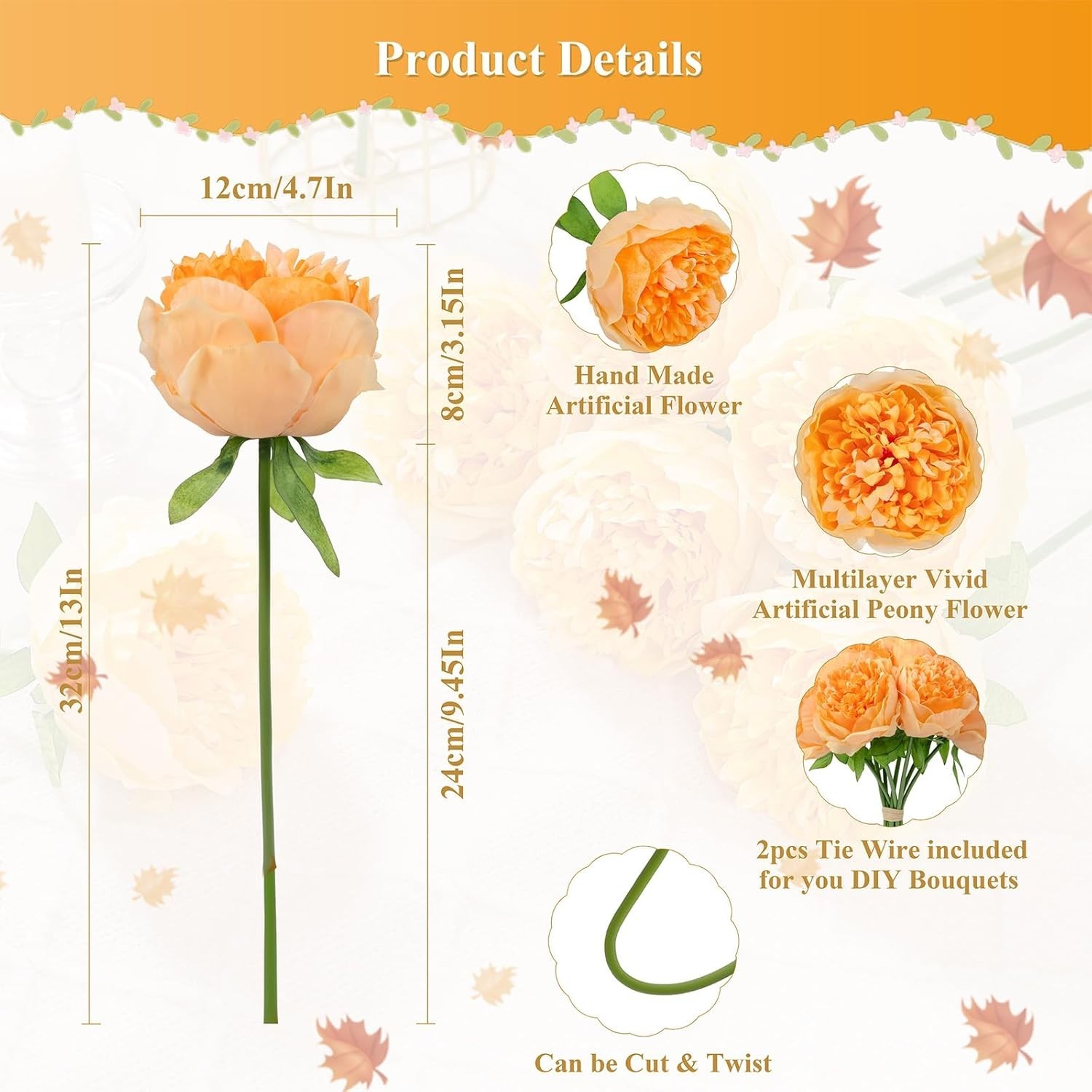 Vivid Orange Artificial Peony Flowers – 10pcs for Elegant Home Decoration
