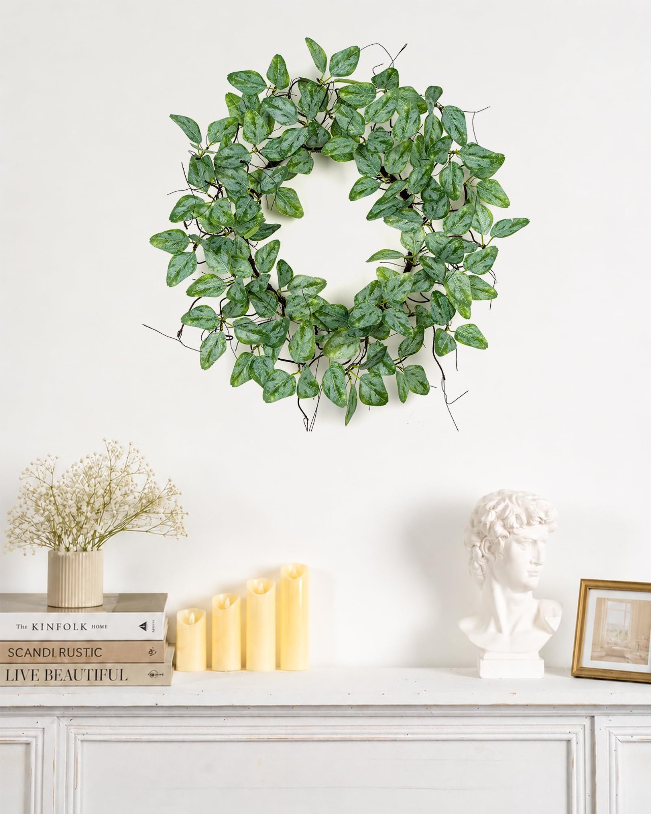 24″ Eucalyptus Twig Wreath for Front Door | Faux Ficus & Silk Foliage, Boho Deco
