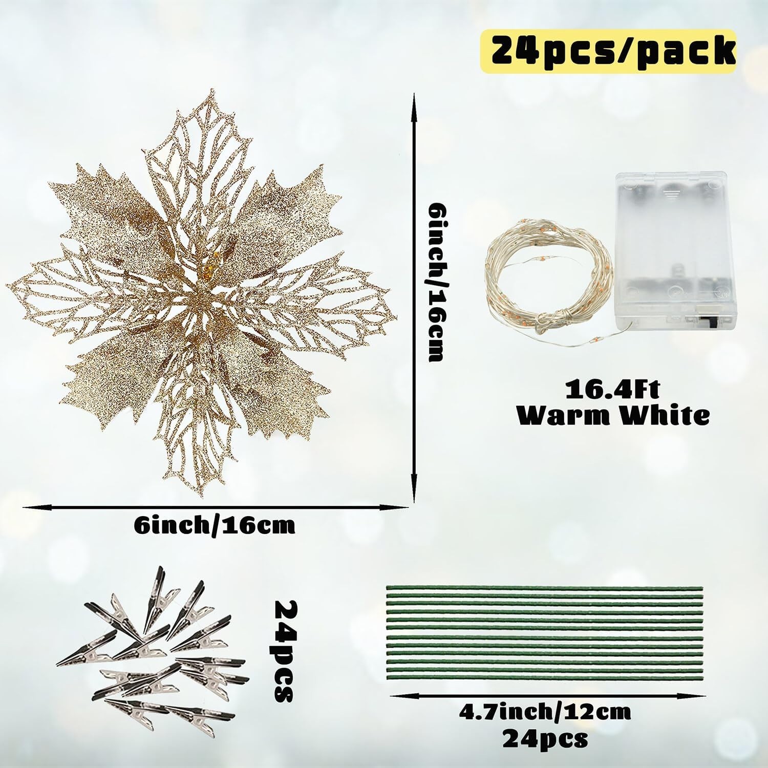 Artificial Christmas Flowers Glitter.. Champagne 24pcs