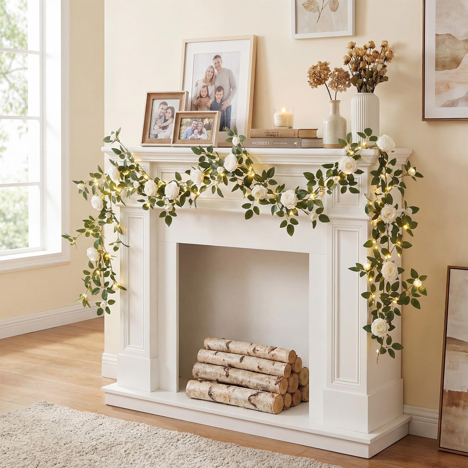 6FT White Rose Artificial Flower Garland with LED String Lights, Bendable Flo…