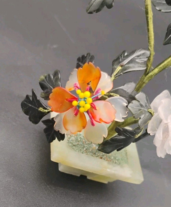 Carved Chinese Jade Crystal Hardstone Flowers Leaves & Planter Small 4 1/2″ Tall