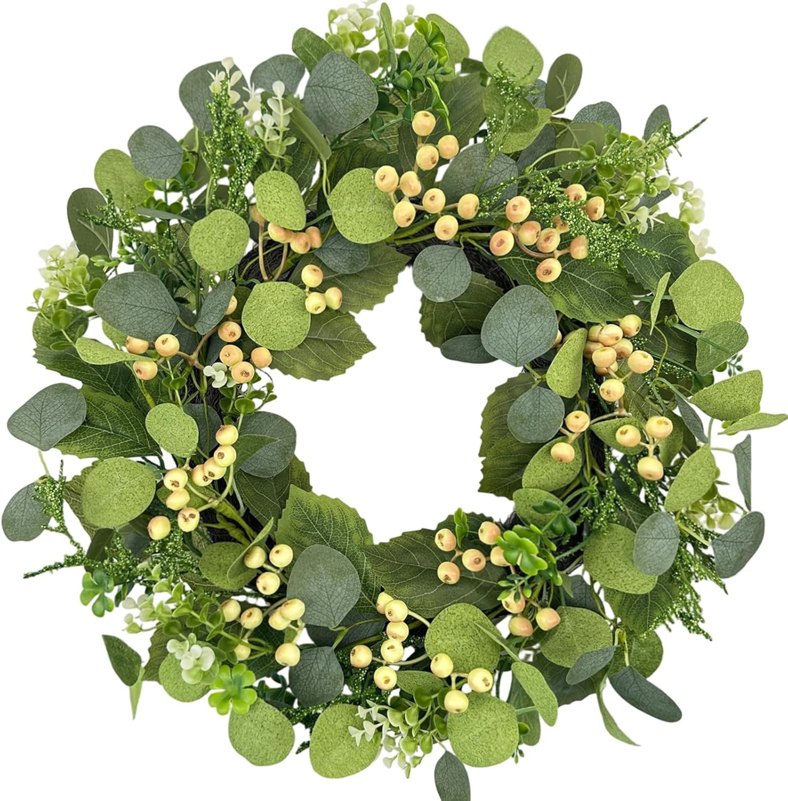 22 Inch Eucalyptus Wreath with Yellow Berries and Pink Sash for Front Door