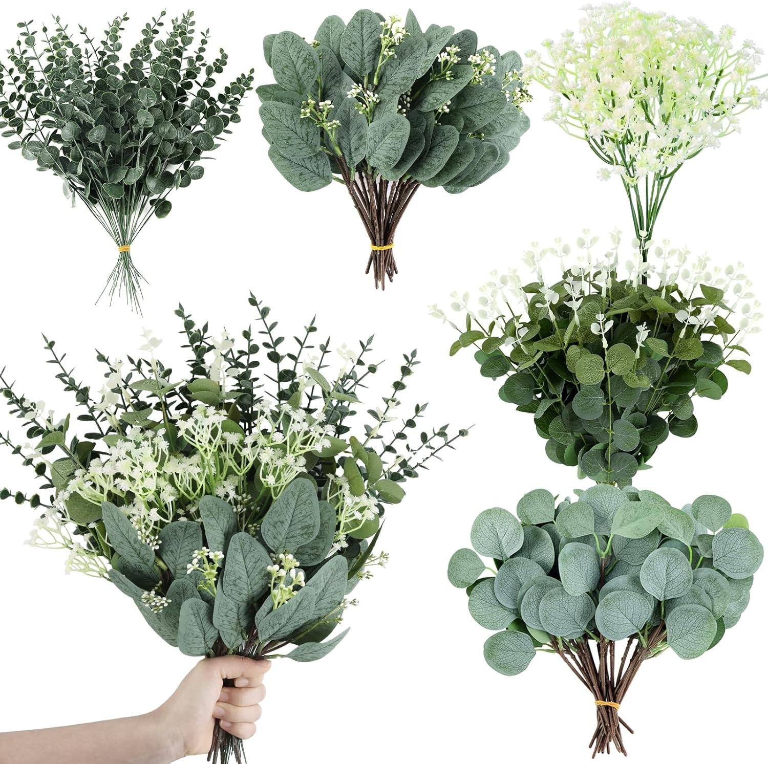 120 Pcs Eucalyptus Stems Artificial Flowers, 5 Kinds Mixed Faux Eucalyptus Le…