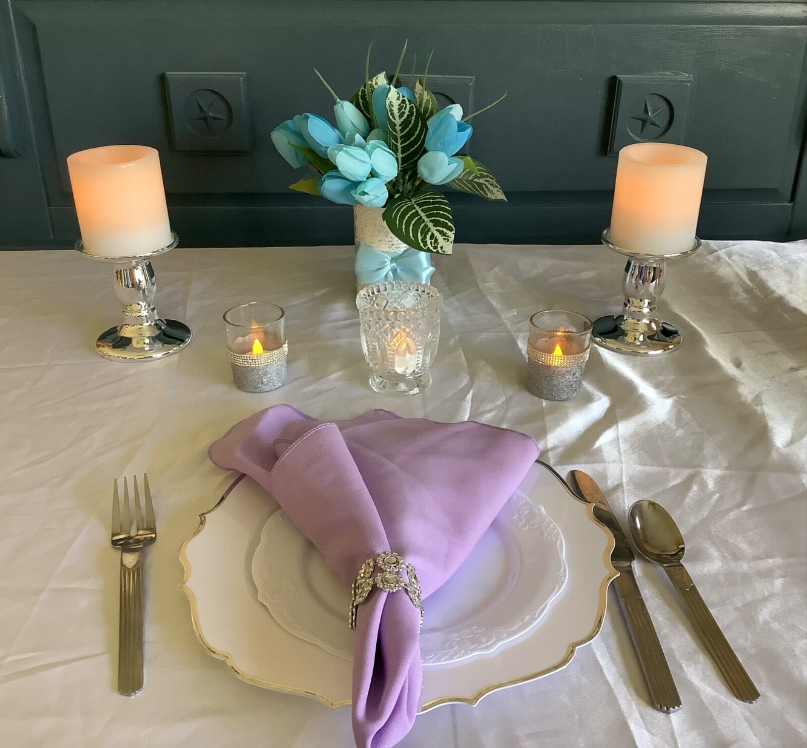 Spring/easter blue tulip centerpiece with glitter and painted upcycled tin can