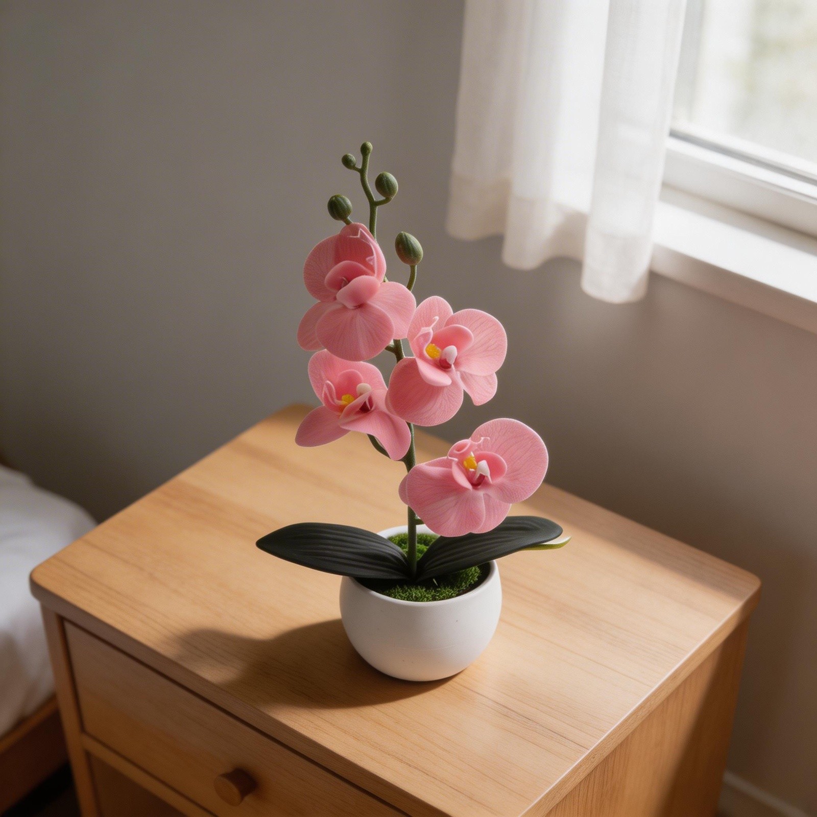 Faux Orchid Four Flower Bonsai in Small Round Belly Pot for Home Office