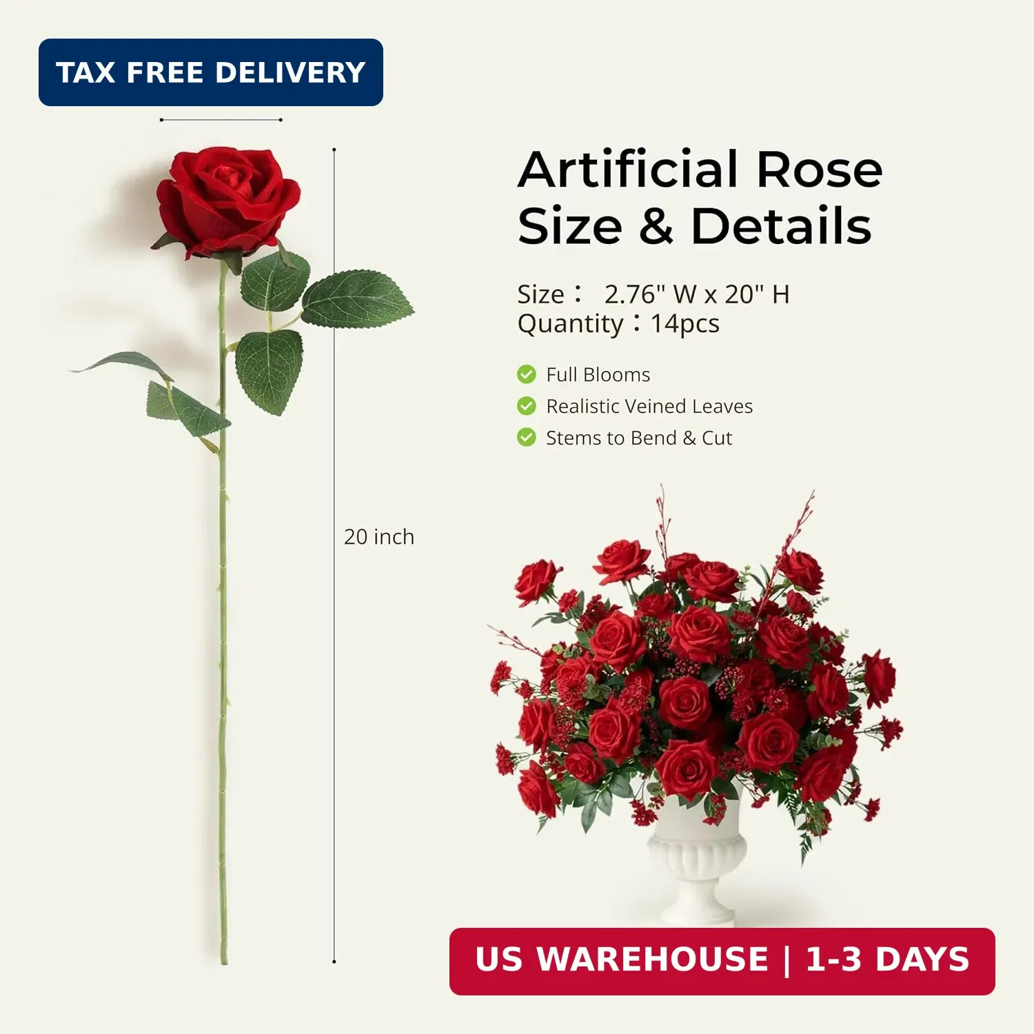 Auihiay 14PCS Red Roses Artificial Flowers, Fake Red Roses Bouquet with Long Ste
