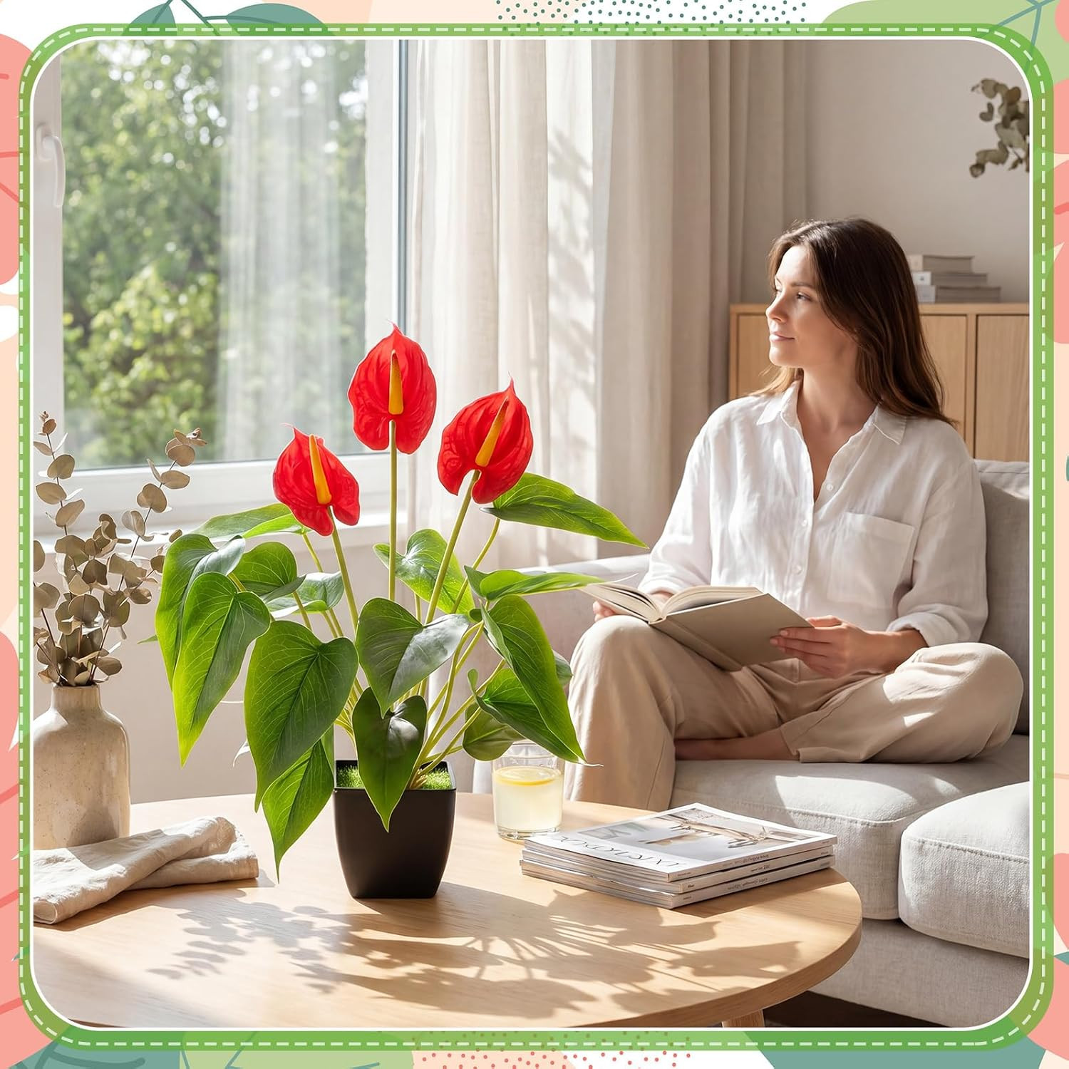 15″ Faux Calla Lily & Anthurium Potted Plants – 2 Pack Tropical Decor